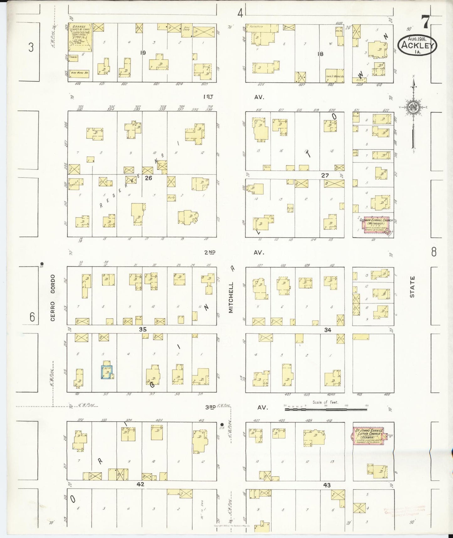 Sanborn Fire Insurance Map from Ackley, Hardin and Franklin Counties, Iowa (1916), Sheet #0007 - Historic Sanborn Fire Insurance Map Print, vintage old map wall art
