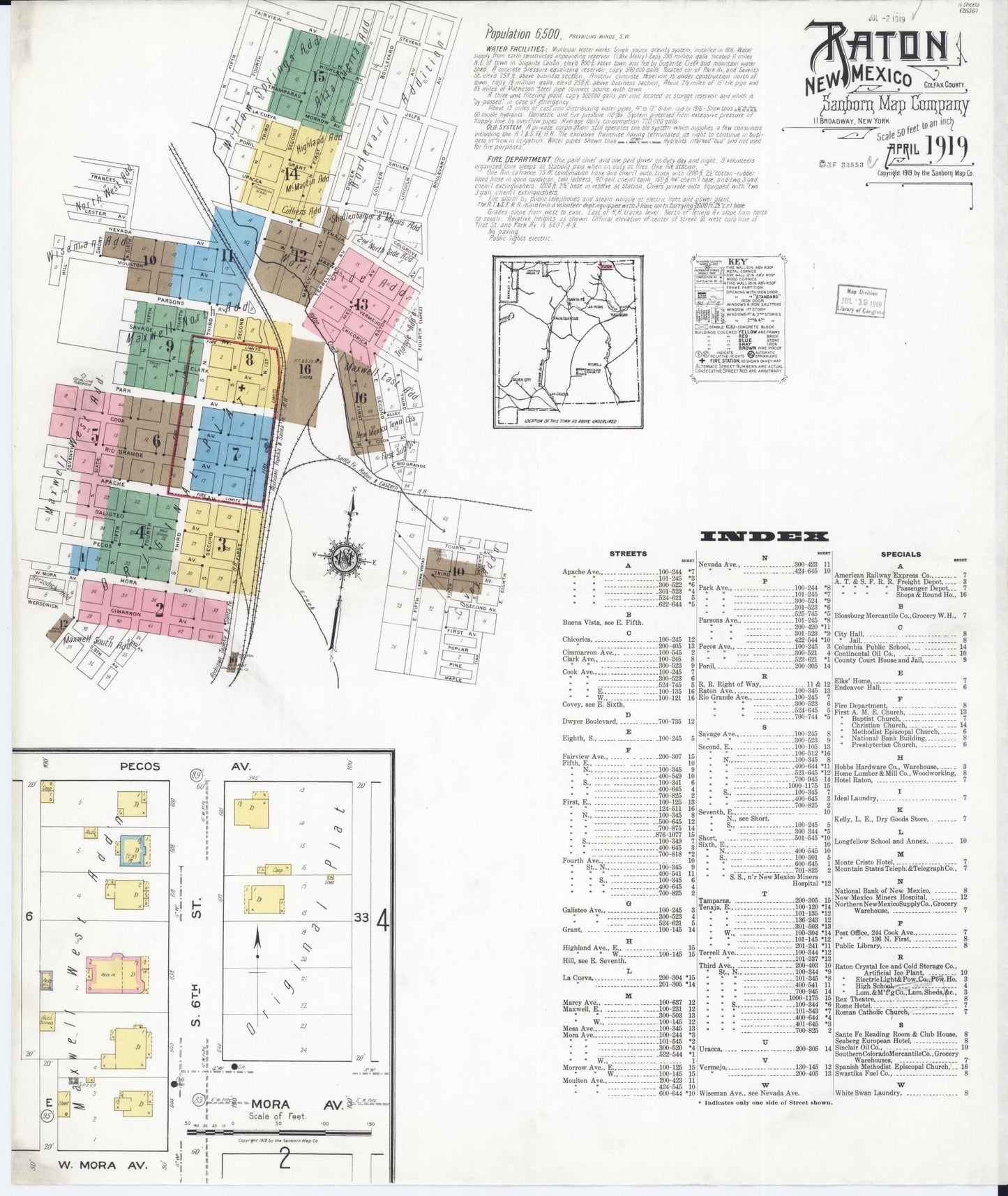 Sanborn Fire Insurance Map from Raton, Colfax County, New Mexico (1919), Sheet #0001 - Historic Sanborn Fire Insurance Map Print, vintage old map wall art, antique decor, genealogy gift, New Mexico New Mexico map