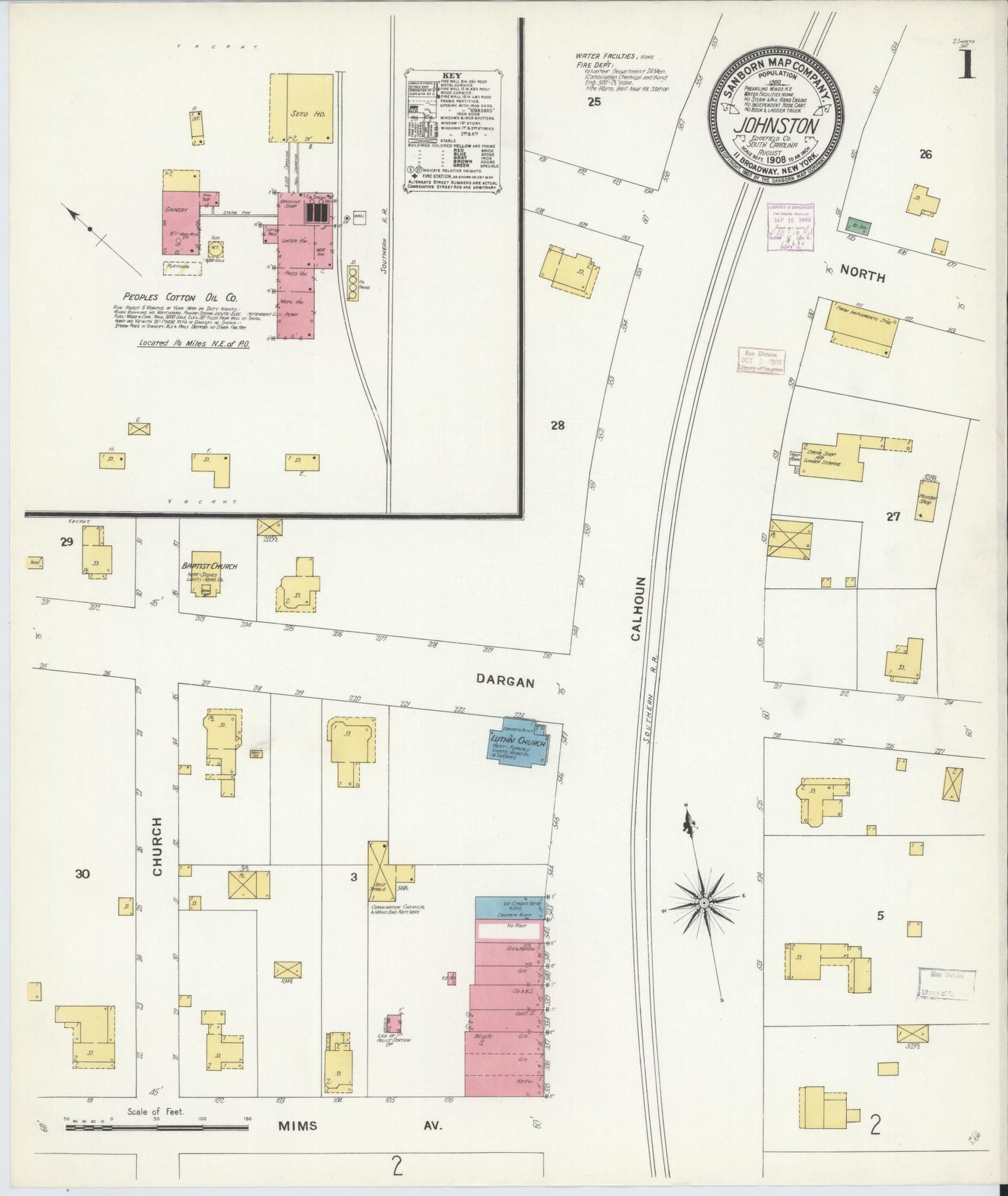 Sanborn Fire Insurance Map from Johnston, Edgefield County, South Carolina (1908), Sheet #0001 - Historic Sanborn Fire Insurance Map Print, vintage old map wall art, antique decor, genealogy gift, South Carolina South Carolina map