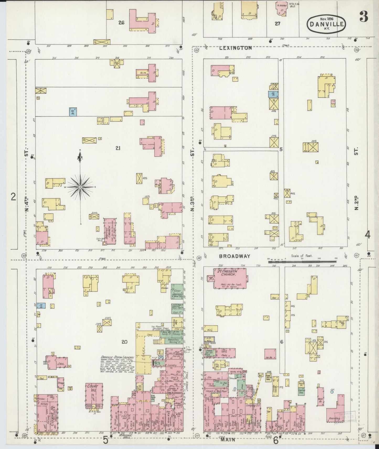 Sanborn Fire Insurance Map from Danville, Boyle County, Kentucky (1896), Sheet #0003 - Historic Sanborn Fire Insurance Map Print, vintage old map wall art, antique decor, genealogy gift, Kentucky Kentucky map