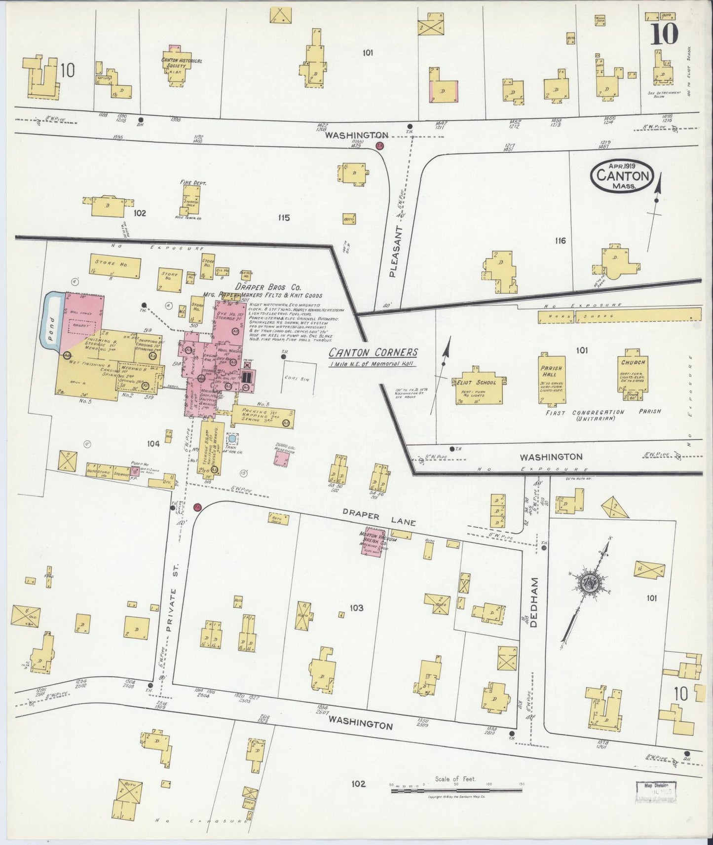 Sanborn Fire Insurance Map from Canton, Norfolk County, Massachusetts (1919), Sheet #0010 - Historic Sanborn Fire Insurance Map Print, vintage old map wall art, antique decor, genealogy gift, Massachusetts Massachusetts map