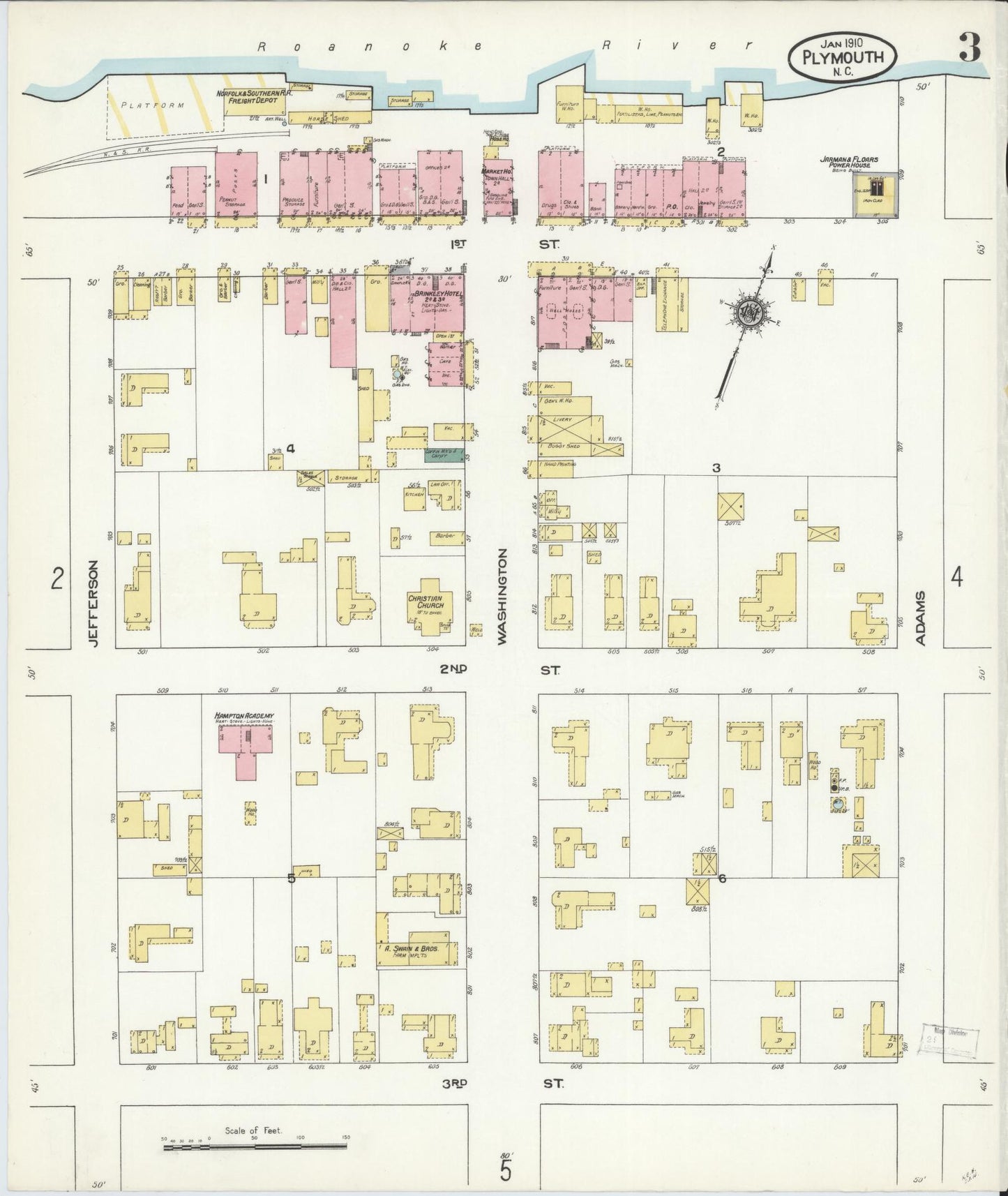 Sanborn Fire Insurance Map from Plymouth, Washington County, North Carolina (1910), Sheet #0003 - Historic Sanborn Fire Insurance Map Print, vintage old map wall art, antique decor, genealogy gift, North Carolina North Carolina map