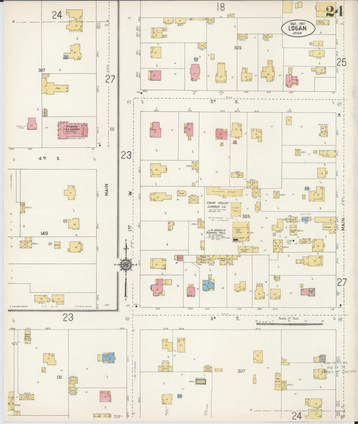 Sanborn Fire Insurance Map from Logan, Cache County, Utah (1911), Sheet #0024 - Historic Sanborn Fire Insurance Map Print, vintage old map wall art, antique decor, genealogy gift, Utah Utah map