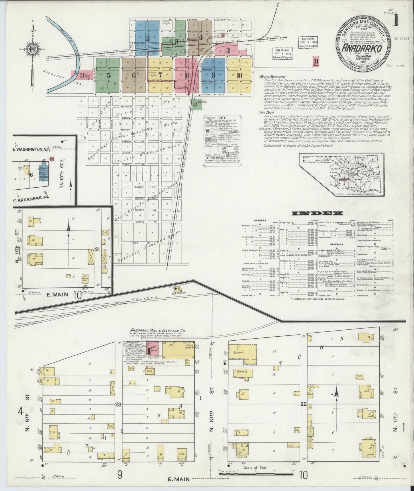 Sanborn Fire Insurance Map from Anadarko, Caddo County, Oklahoma (1916), Sheet #0001 - Historic Sanborn Fire Insurance Map Print, vintage old map wall art, antique decor, genealogy gift, Oklahoma Oklahoma map