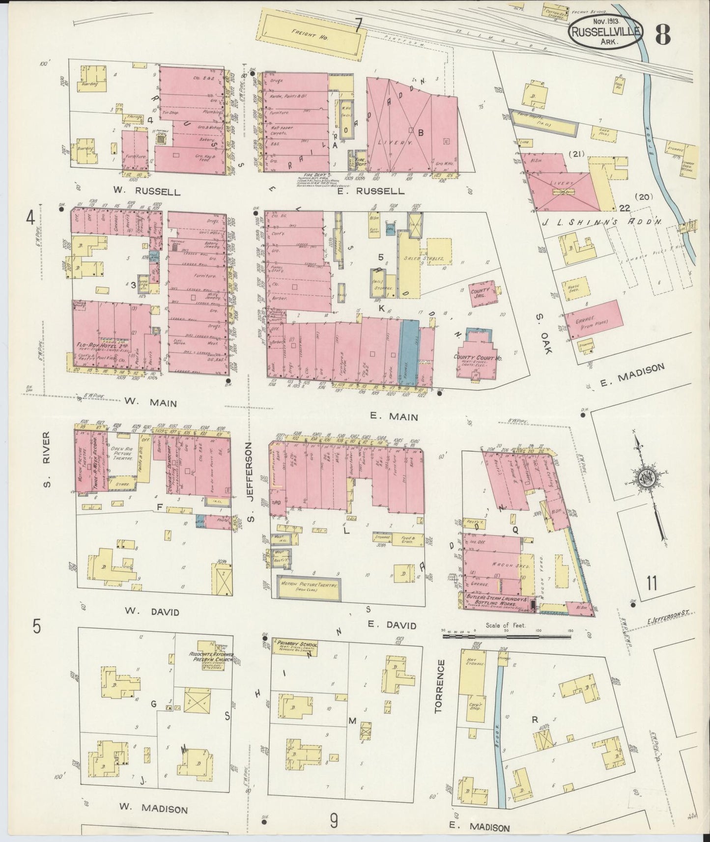 Sanborn Fire Insurance Map from Russellville, Pope County, Arkansas (1913), Sheet #0008 - Historic Sanborn Fire Insurance Map Print, vintage old map wall art, antique decor, genealogy gift, Arkansas Arkansas map