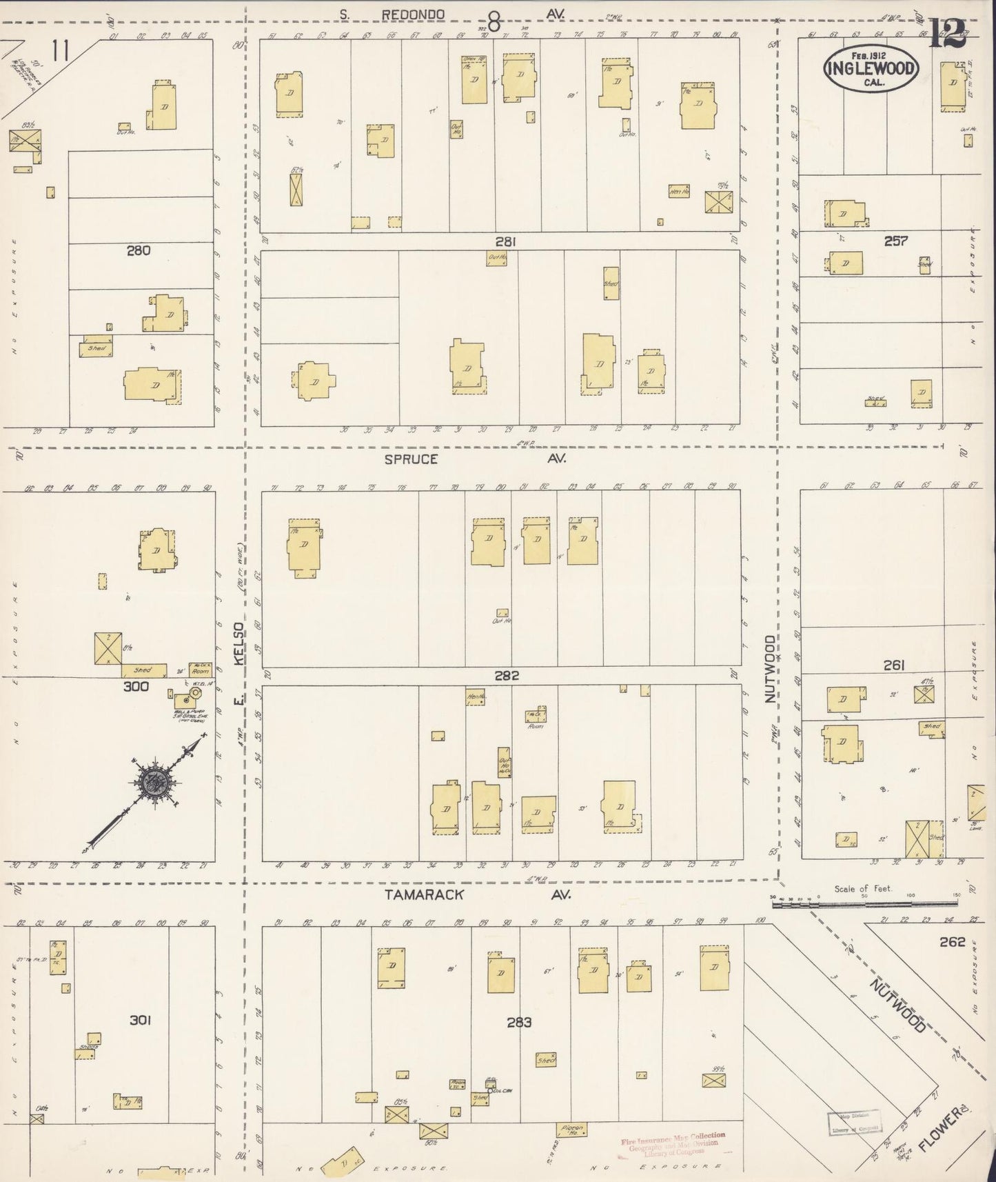 Sanborn Fire Insurance Map from Inglewood, Los Angeles County, California (1912), Sheet #0012 - Historic Sanborn Fire Insurance Map Print, vintage old map wall art, antique decor, genealogy gift, California California map