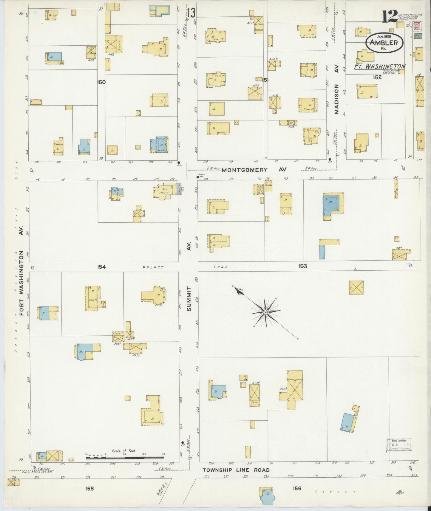 Sanborn Fire Insurance Map from Ambler, Montgomery County, Pennsylvania (1909), Sheet #0012 - Historic Sanborn Fire Insurance Map Print, vintage old map wall art, antique decor, genealogy gift, Pennsylvania Pennsylvania map