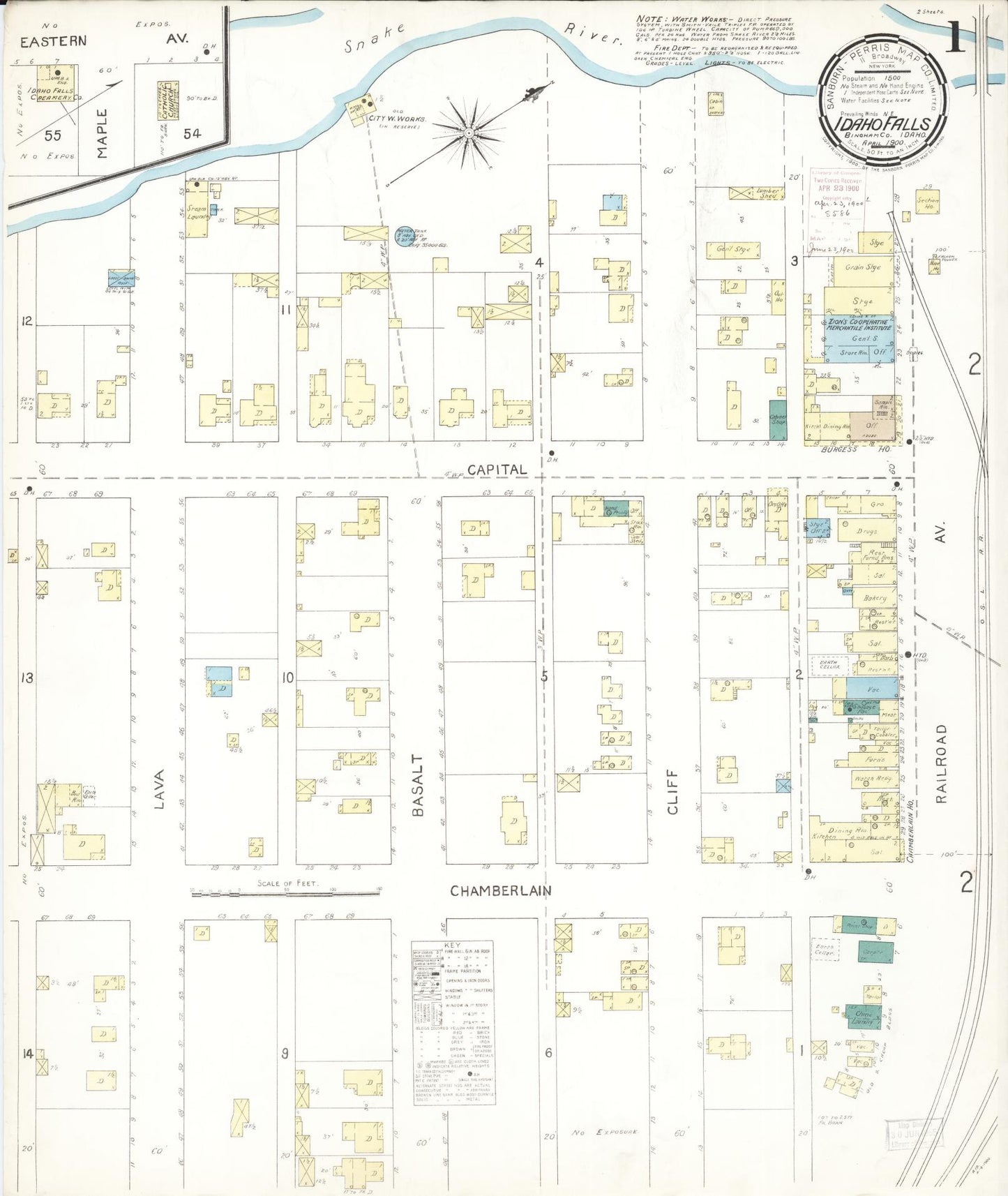 Sanborn Fire Insurance Map from Idaho Falls, Bonneville County, Idaho (1900), Sheet #0001 - Historic Sanborn Fire Insurance Map Print, vintage old map wall art, antique decor, genealogy gift, Idaho Idaho map