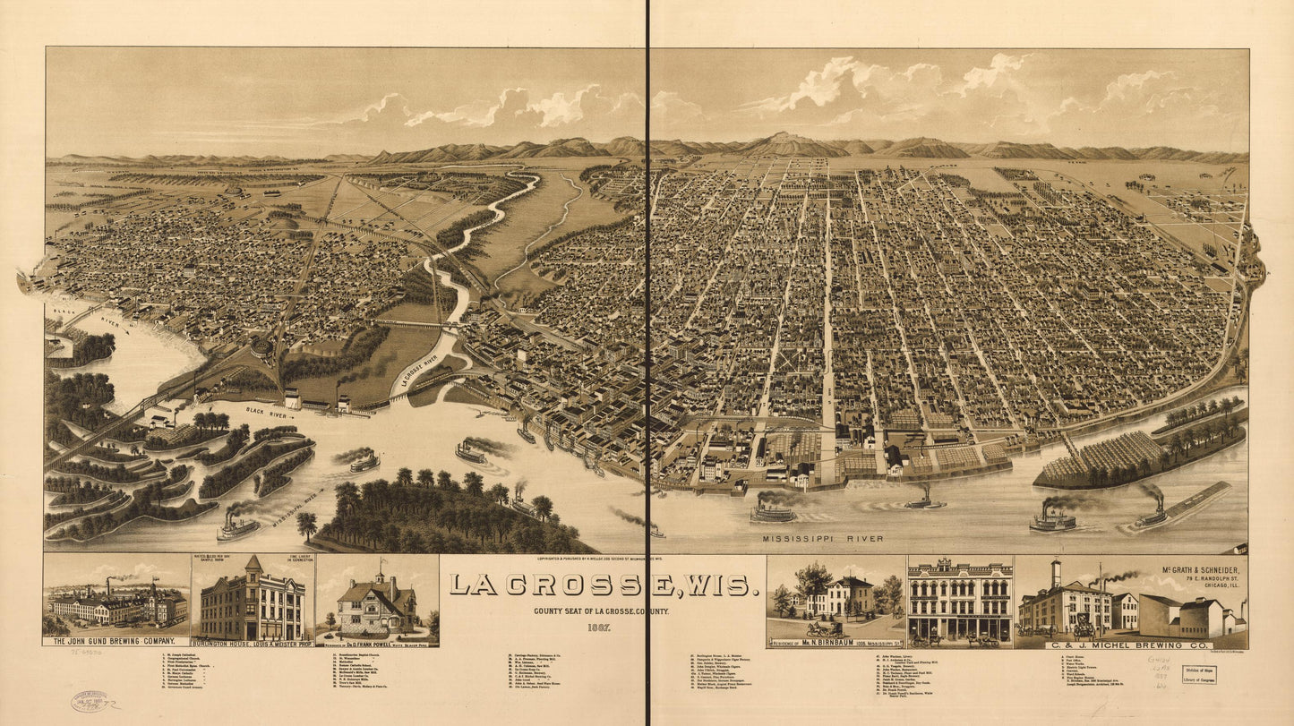 La Crosse, Wis., county seat of La Crosse County 1887. (1887) – Historic Bird’s-Eye View Panorama Print