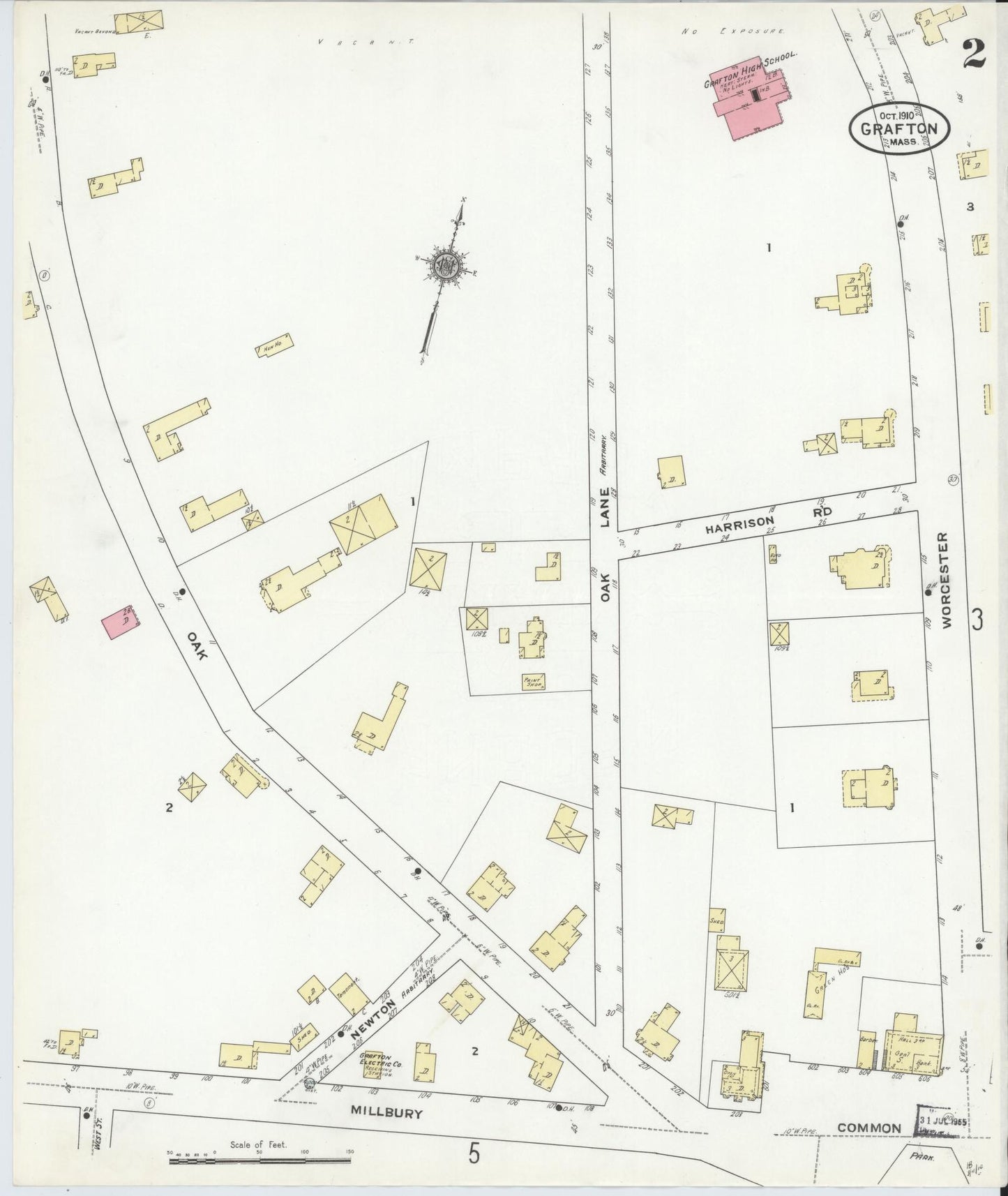Sanborn Fire Insurance Map from Grafton, Worcester County, Massachusetts (1910), Sheet #0002 - Historic Sanborn Fire Insurance Map Print, vintage old map wall art, antique decor, genealogy gift, Massachusetts Massachusetts map