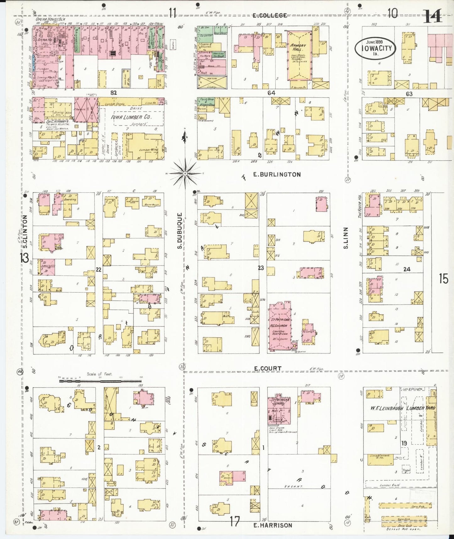 Sanborn Fire Insurance Map from Iowa City, Johnson County, Iowa (1899), Sheet #0014 - Historic Sanborn Fire Insurance Map Print, vintage old map wall art