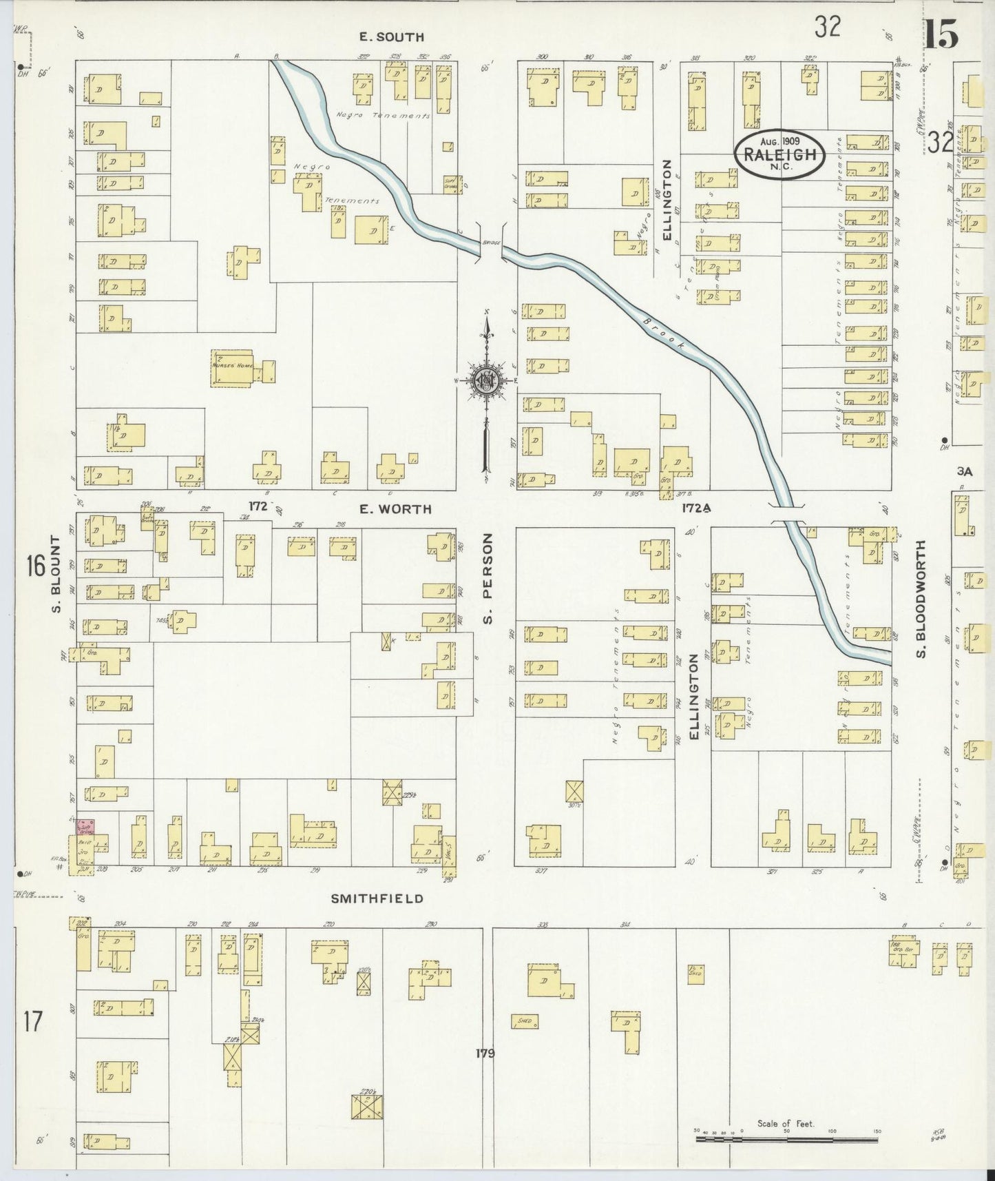 Sanborn Fire Insurance Map from Raleigh, Wake County, North Carolina (1909), Sheet #0015 - Historic Sanborn Fire Insurance Map Print, vintage old map wall art, antique decor, genealogy gift, North Carolina North Carolina map