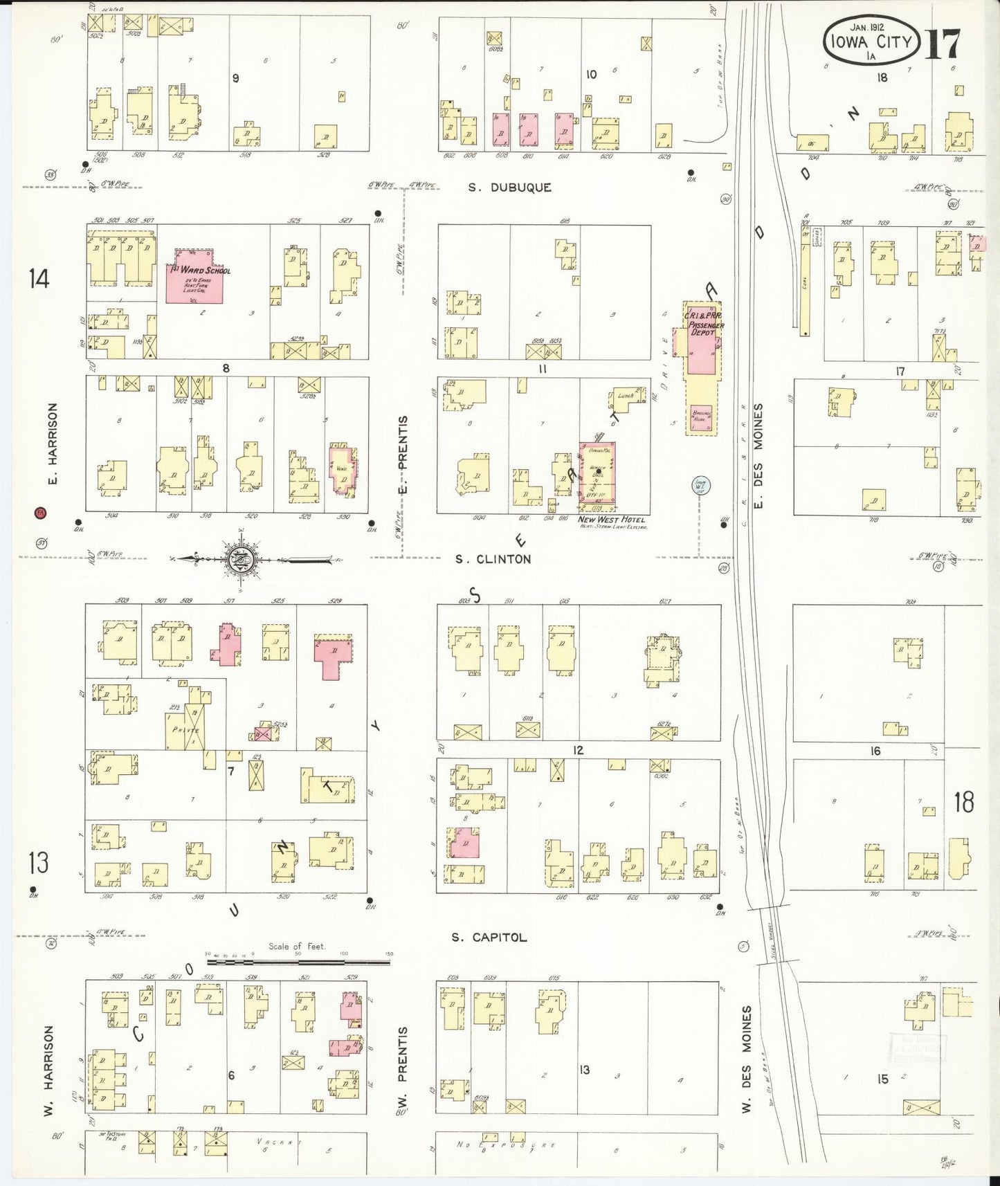Sanborn Fire Insurance Map from Iowa City, Johnson County, Iowa (1912), Sheet #0017 - Historic Sanborn Fire Insurance Map Print, vintage old map wall art
