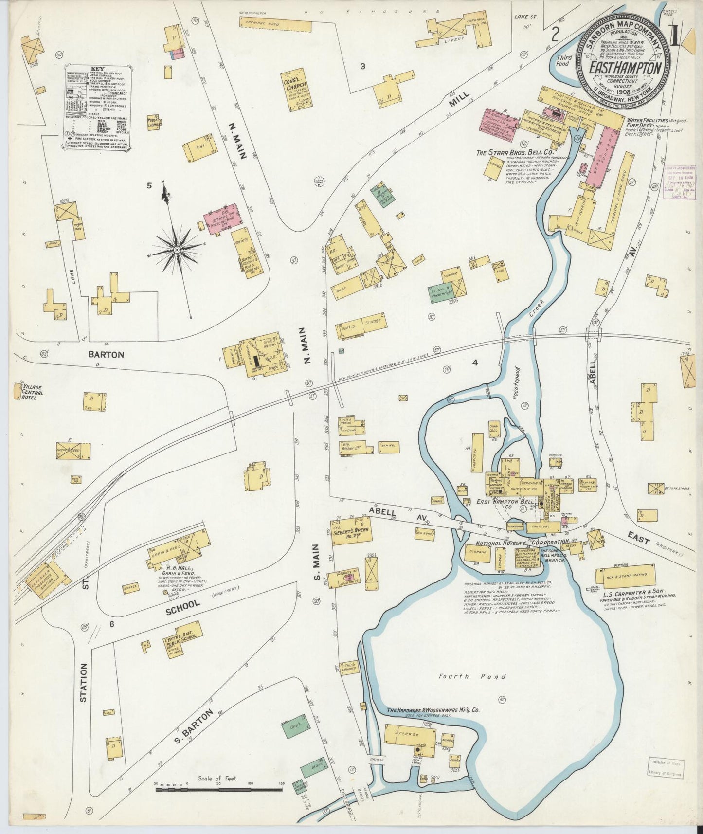 Sanborn Fire Insurance Map from East Hampton, Middlesex County, Connecticut (1908), Sheet #0001 - Historic Sanborn Fire Insurance Map Print, vintage old map wall art, antique decor, genealogy gift, Connecticut Connecticut map