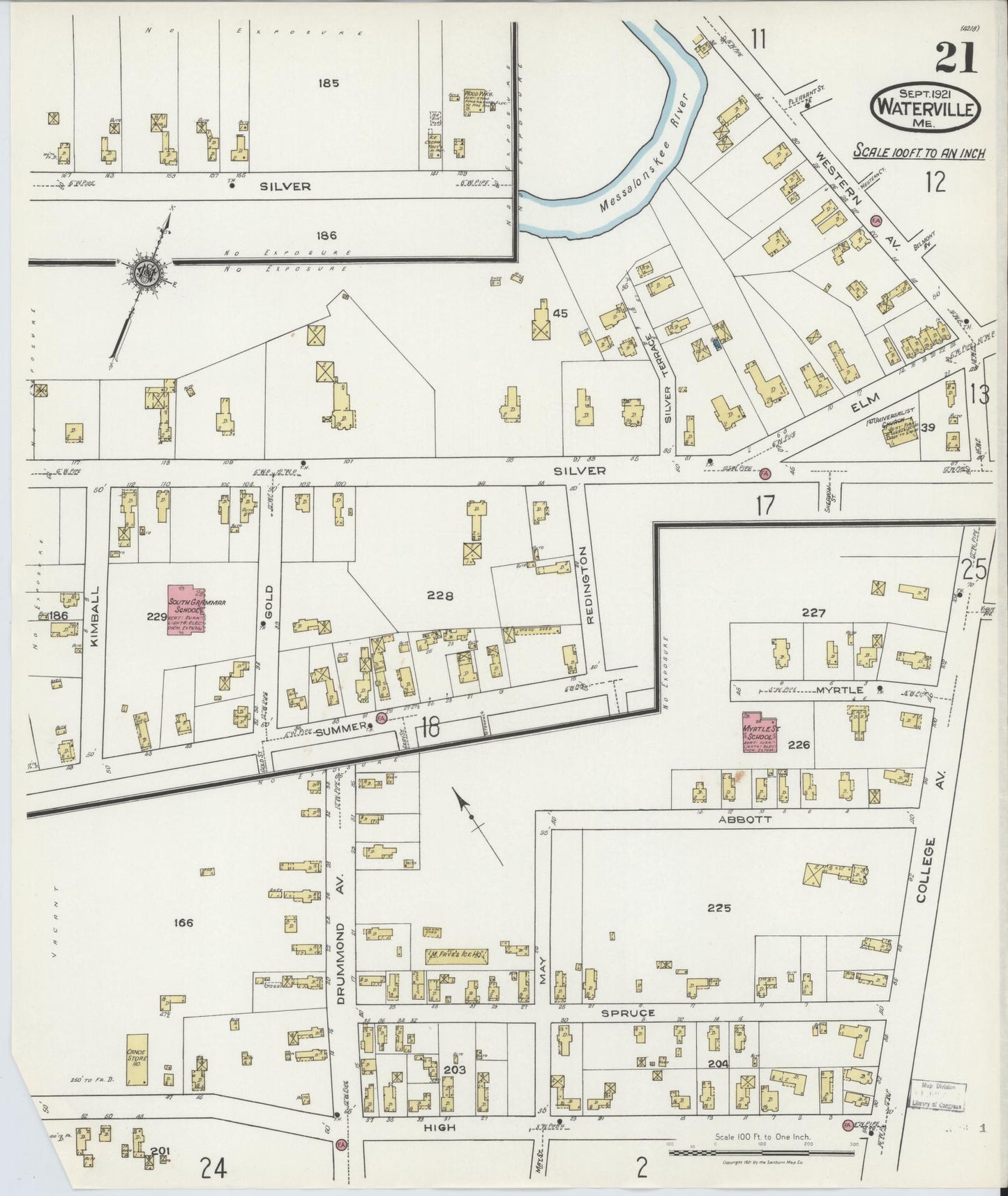 Sanborn Fire Insurance Map from Waterville, Kennebec County, Maine (1921), Sheet #0021 - Historic Sanborn Fire Insurance Map Print, vintage old map wall art, antique decor, genealogy gift, Maine Maine map