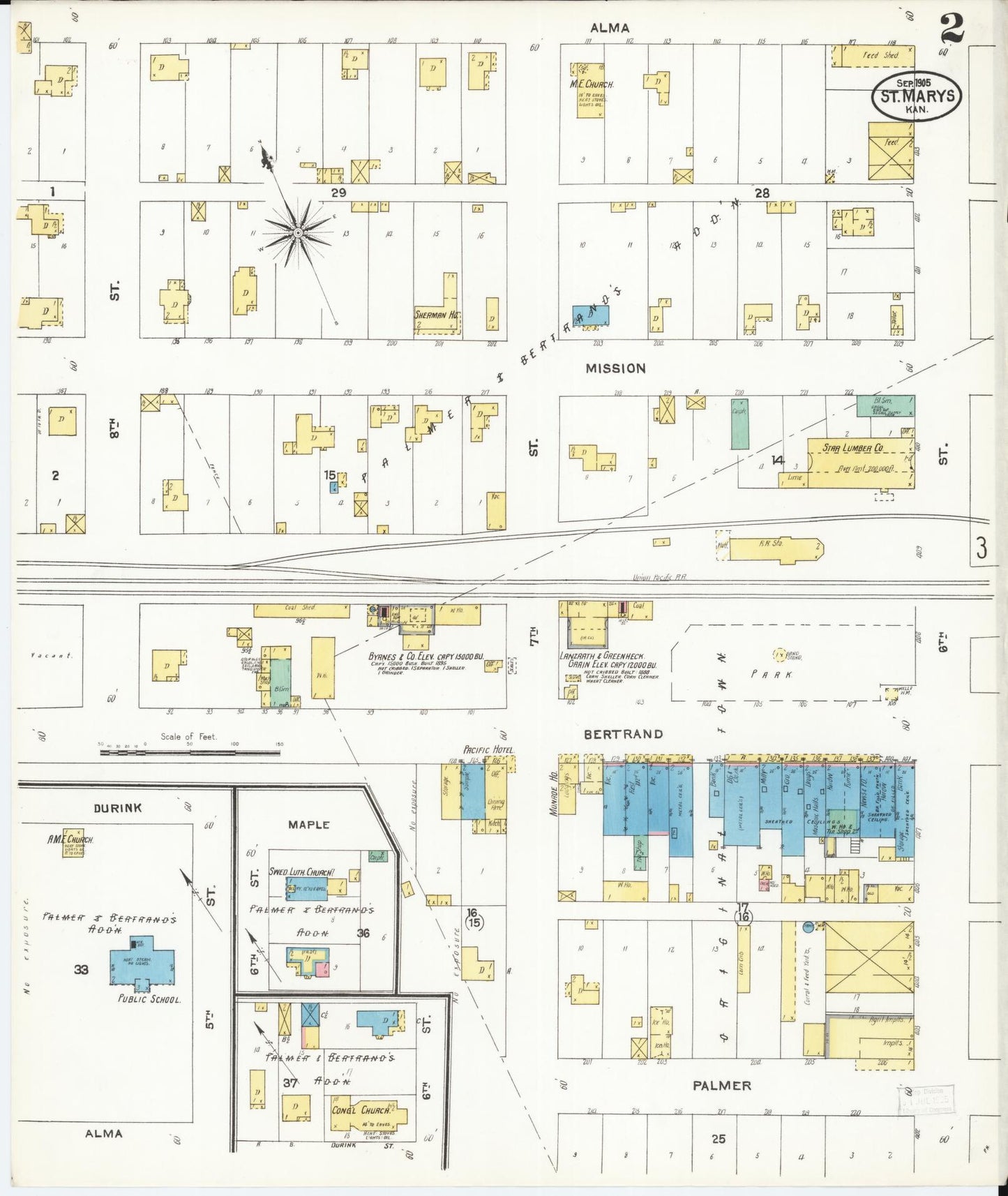 Sanborn Fire Insurance Map from Saint Marys, Pottawatomie County, Kansas (1905), Sheet #0002 - Historic Sanborn Fire Insurance Map Print, vintage old map wall art, antique decor, genealogy gift, Kansas Kansas map