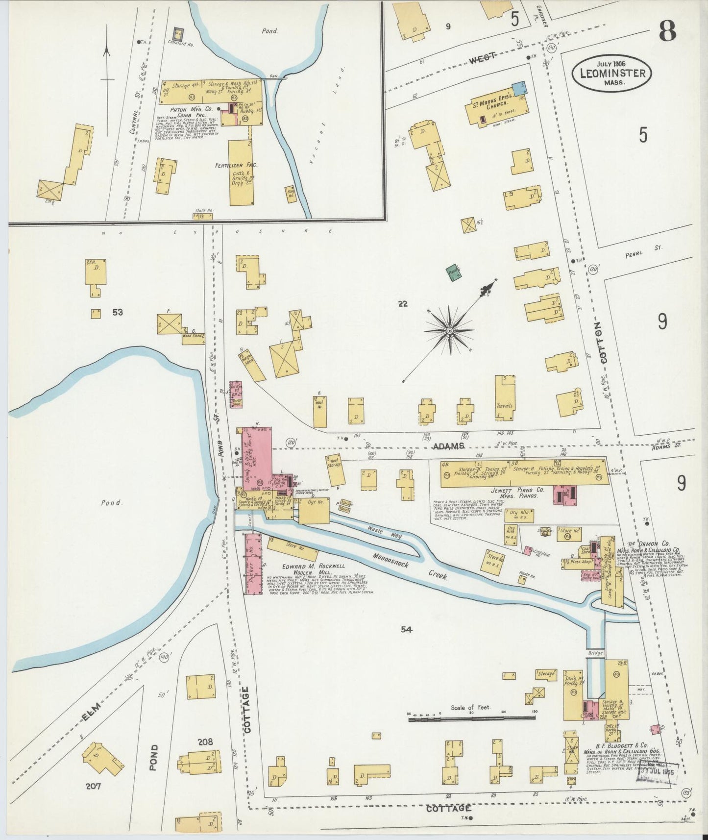 Sanborn Fire Insurance Map from Leominster, Worcester County, Massachusetts (1906), Sheet #0008 - Historic Sanborn Fire Insurance Map Print, vintage old map wall art, antique decor, genealogy gift, Massachusetts Massachusetts map