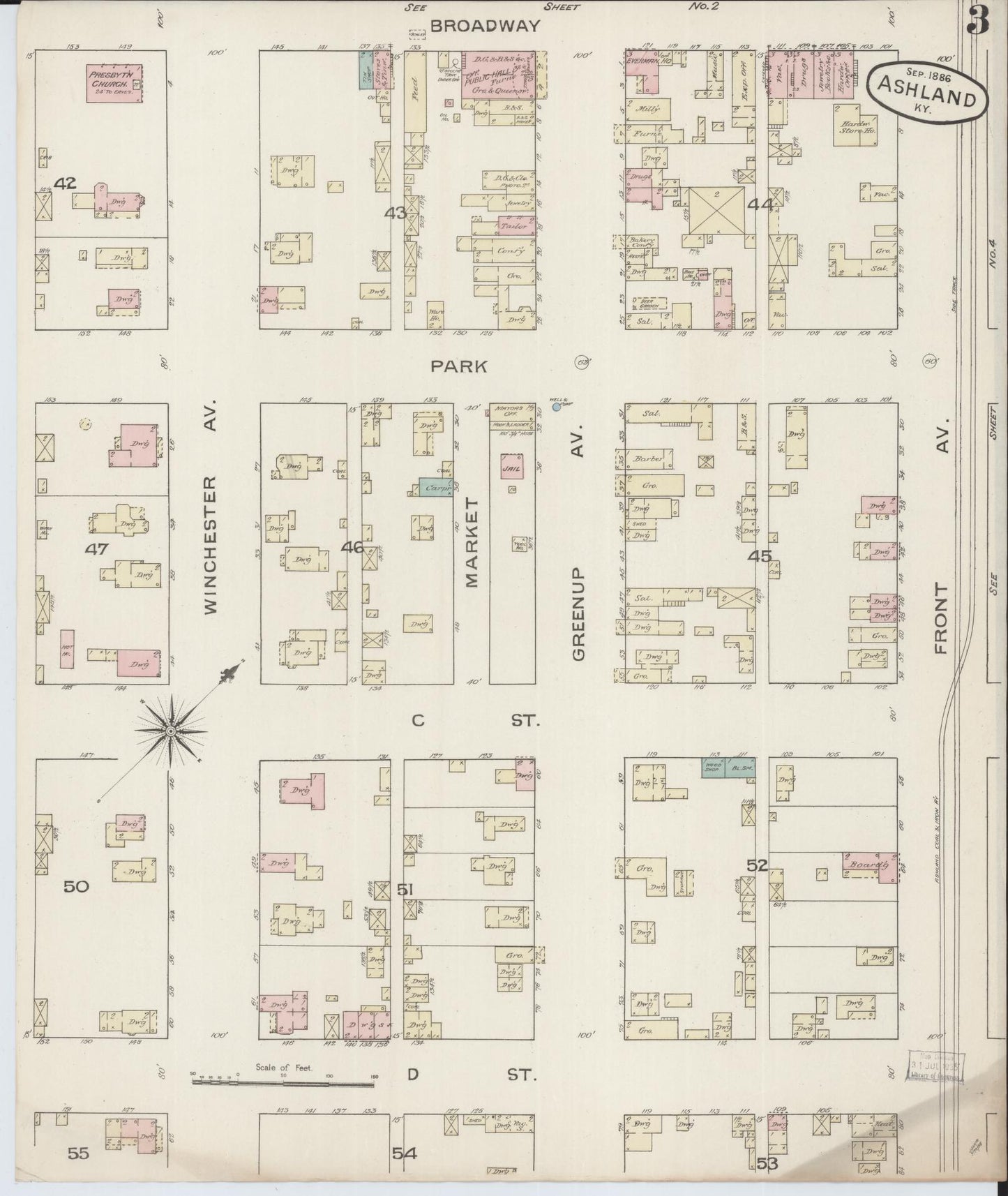 Sanborn Fire Insurance Map from Ashland, Boyd County, Kentucky (1886), Sheet #0003 - Historic Sanborn Fire Insurance Map Print, vintage old map wall art, antique decor, genealogy gift, Kentucky Kentucky map