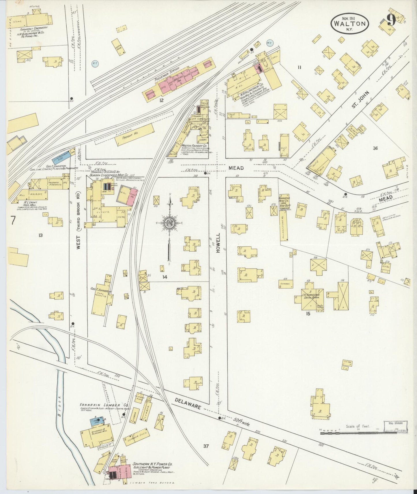 Sanborn Fire Insurance Map from Walton, Delaware County, New York (1911), Sheet #0009 - Historic Sanborn Fire Insurance Map Print, vintage old map wall art, antique decor, genealogy gift, Walton Delaware map
