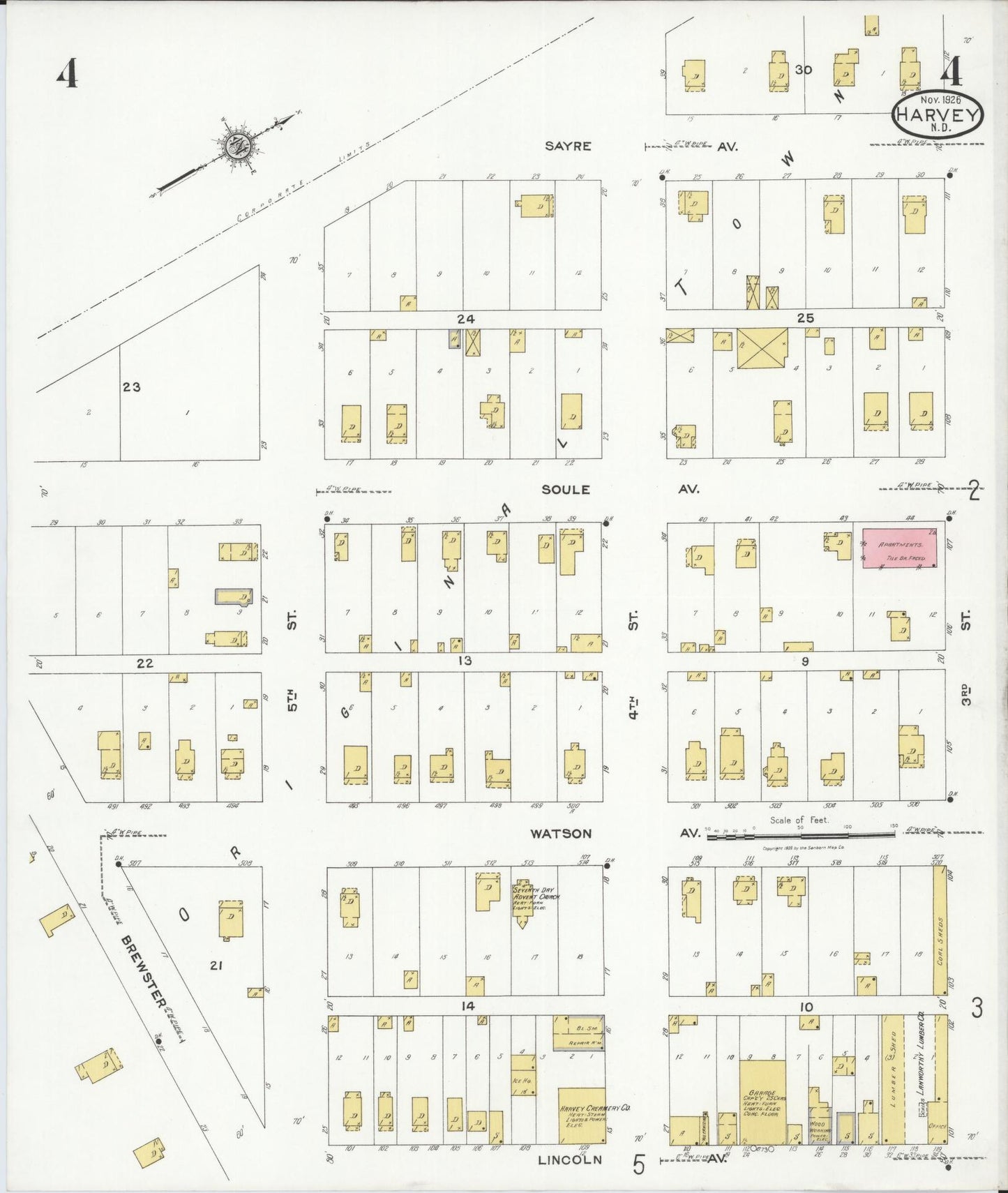 Sanborn Fire Insurance Map from Harvey, Wells County, North Dakota (1926), Sheet #0004 - Historic Sanborn Fire Insurance Map Print, vintage old map wall art, antique decor, genealogy gift, North Dakota North Dakota map