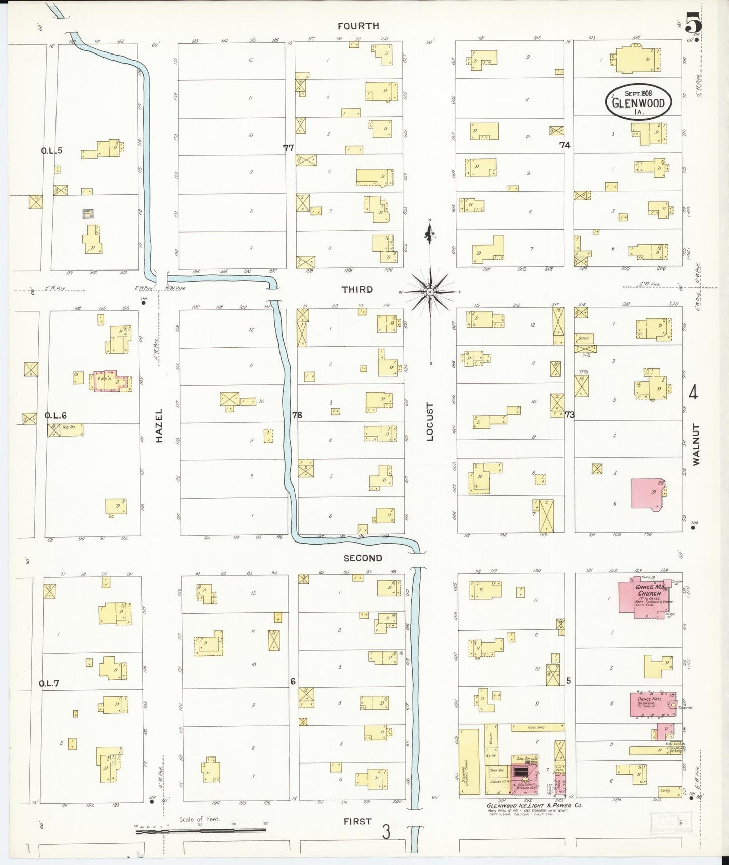 Sanborn Fire Insurance Map from Glenwood, Mills County, Iowa (1908), Sheet #0005 - Historic Sanborn Fire Insurance Map Print, vintage old map wall art