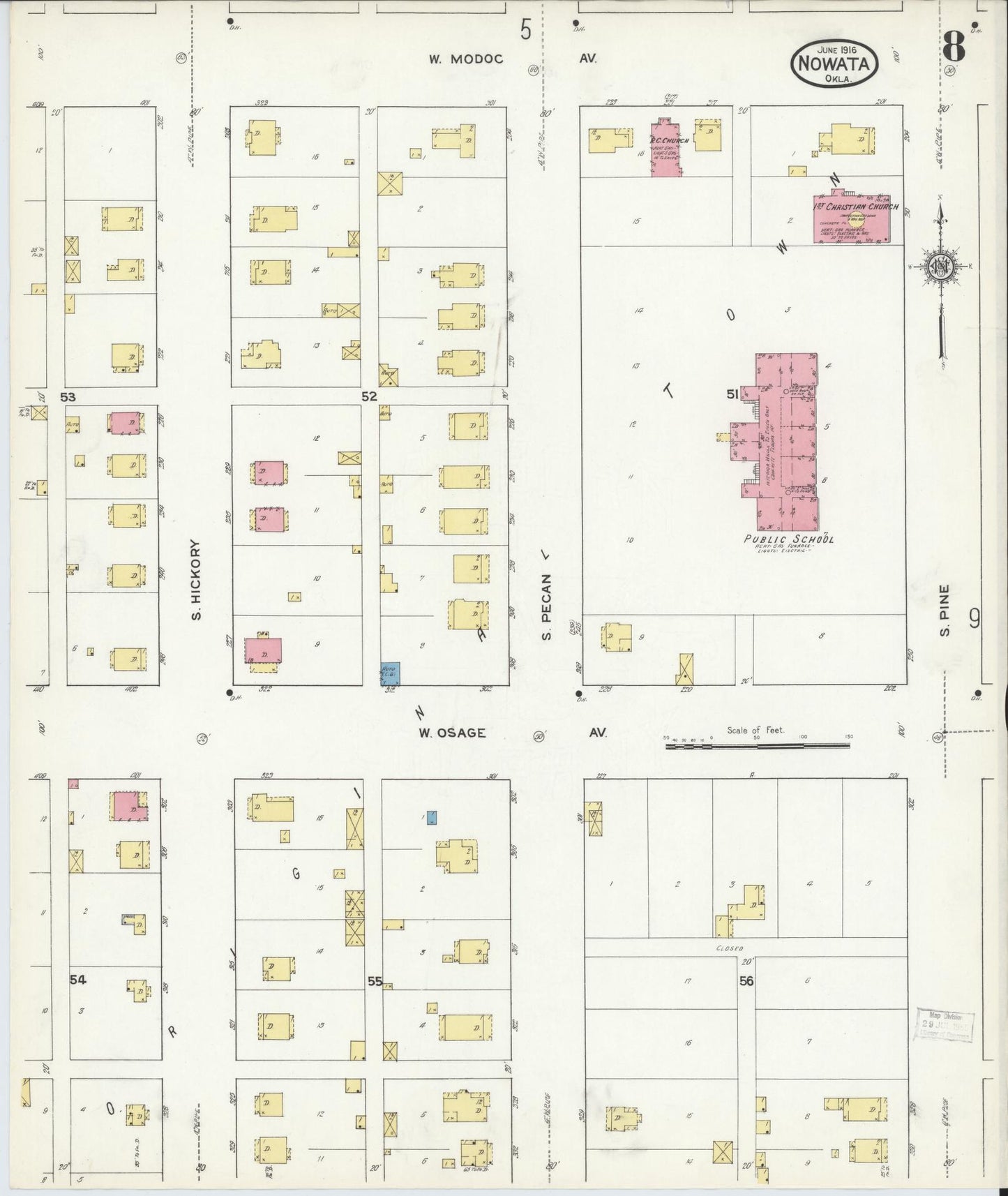 Sanborn Fire Insurance Map from Nowata, Nowata County, Oklahoma (1916), Sheet #0008 - Historic Sanborn Fire Insurance Map Print, vintage old map wall art, antique decor, genealogy gift, Oklahoma Oklahoma map