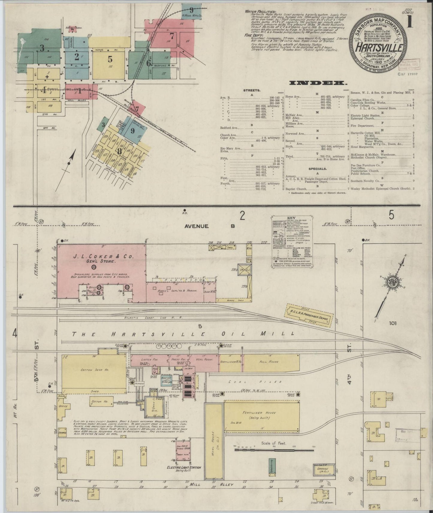 Sanborn Fire Insurance Map from Hartsville, Darlington County, South Carolina (1910), Sheet #0001 - Historic Sanborn Fire Insurance Map Print, vintage old map wall art, antique decor, genealogy gift, South Carolina South Carolina map