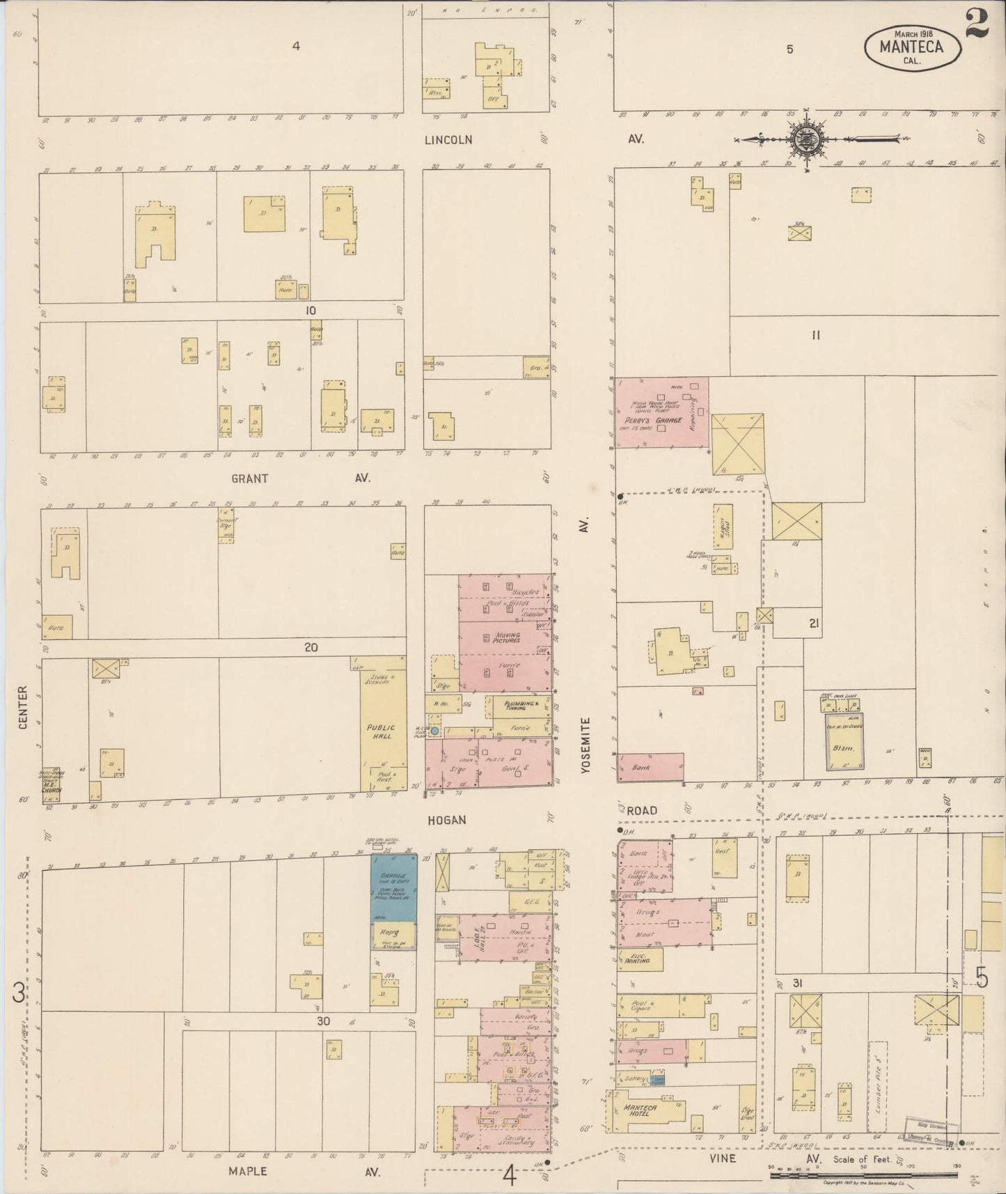 Sanborn Fire Insurance Map from Manteca, San Joaquin County, California (1918), Sheet #0002 - Historic Sanborn Fire Insurance Map Print, vintage old map wall art, antique decor, genealogy gift, California California map