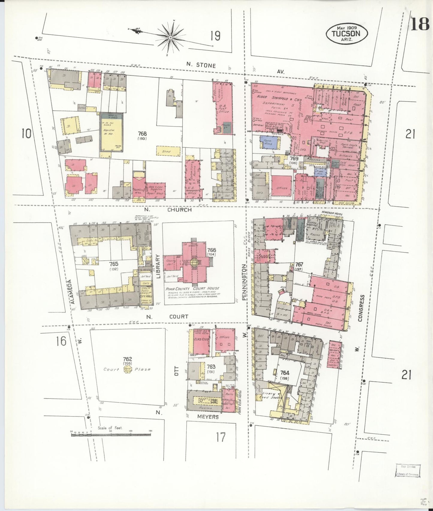 Sanborn Fire Insurance Map from Tucson, Pima County, Arizona (1909), Sheet #0018 - Historic Sanborn Fire Insurance Map Print, vintage old map wall art, antique decor, genealogy gift, Arizona Arizona map