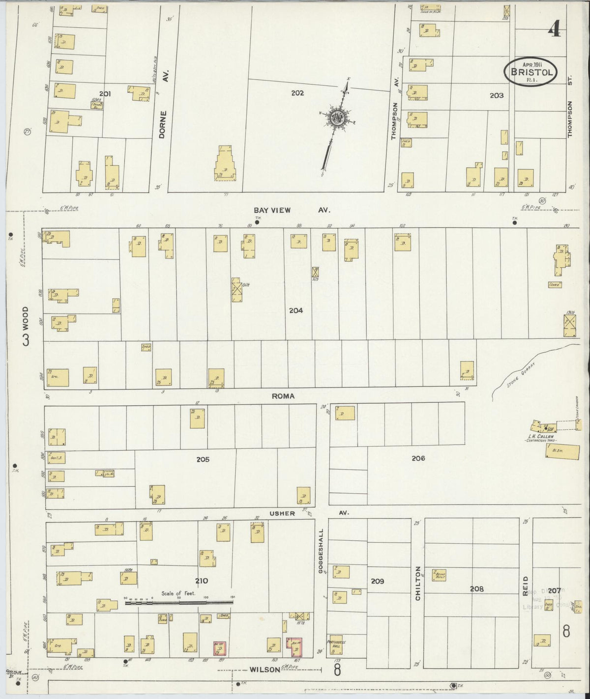 Sanborn Fire Insurance Map from Bristol, Bristol County, Rhode Island (1911), Sheet #0004 - Historic Sanborn Fire Insurance Map Print, vintage old map wall art, antique decor, genealogy gift, Rhode Island Rhode Island map