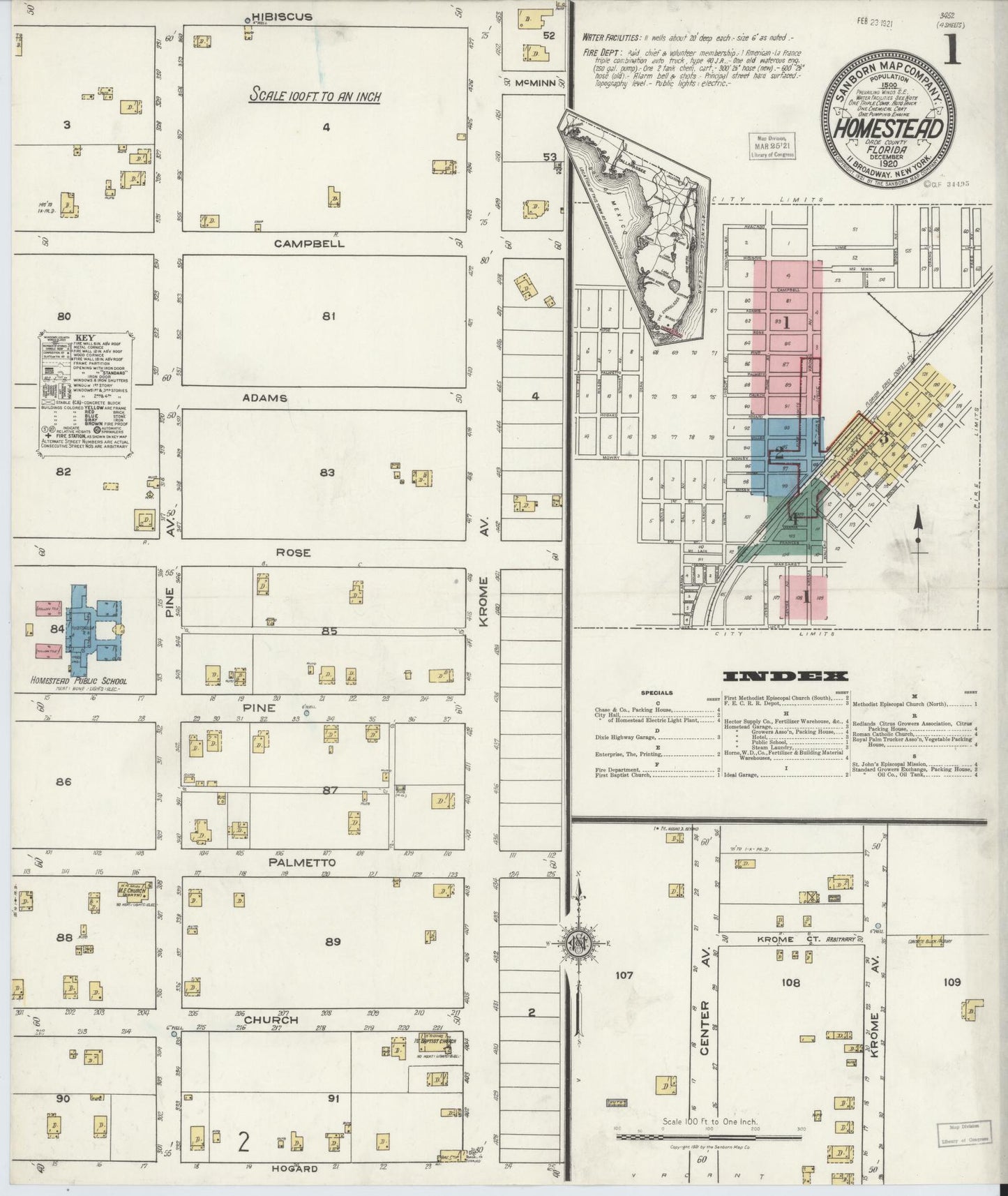 Sanborn Fire Insurance Map from Holmestead, Dade County, Florida (1920), Sheet #0001 - Historic Sanborn Fire Insurance Map Print, vintage old map wall art, antique decor, genealogy gift, Florida Florida map
