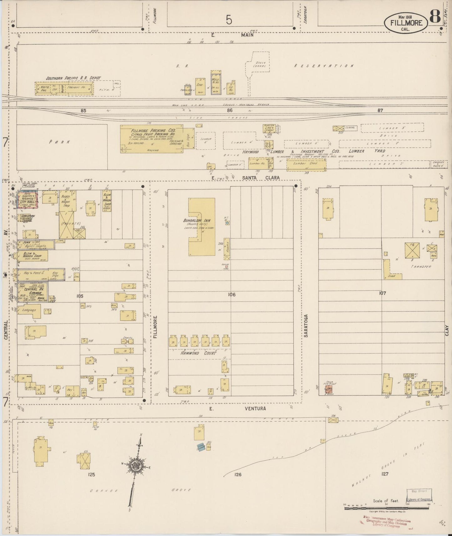 Sanborn Fire Insurance Map from Fillmore, Ventura County, California (1918), Sheet #0008 - Historic Sanborn Fire Insurance Map Print, vintage old map wall art, antique decor, genealogy gift, California California map