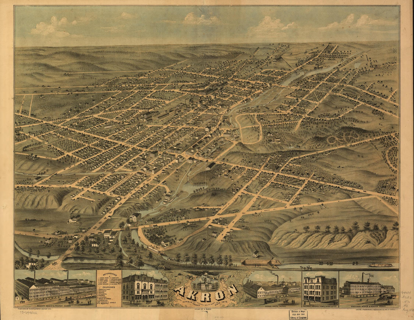 Bird's eye view of the city of Akron, Summit County, Ohio 1870. (1870) – Historic Bird’s-Eye View Panorama Print