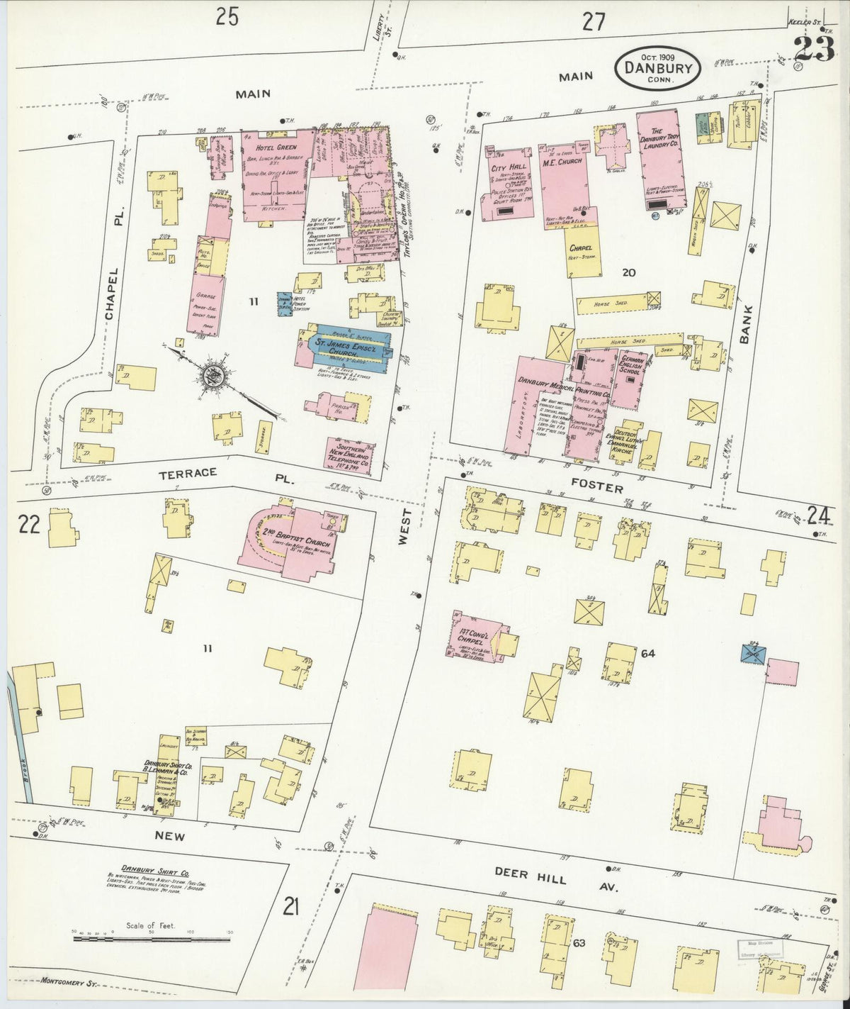 Sanborn Fire Insurance Map from Danbury, Fairfield County, Connecticut (1909), Sheet #0023 - Historic Sanborn Fire Insurance Map Print, vintage old map wall art, antique decor, genealogy gift, Connecticut Connecticut map