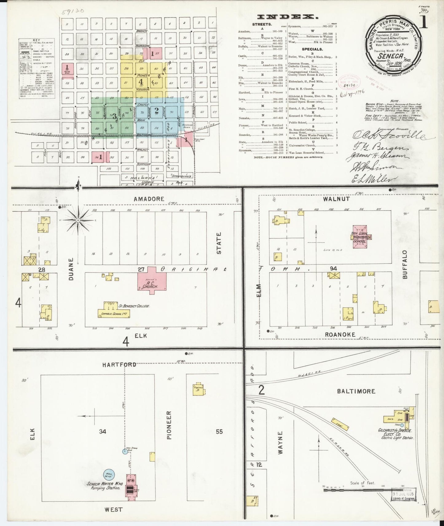 Sanborn Fire Insurance Map from Seneca, Nemaha County, Kansas (1896), Sheet #0001 - Historic Sanborn Fire Insurance Map Print, vintage old map wall art, antique decor, genealogy gift, Kansas Kansas map