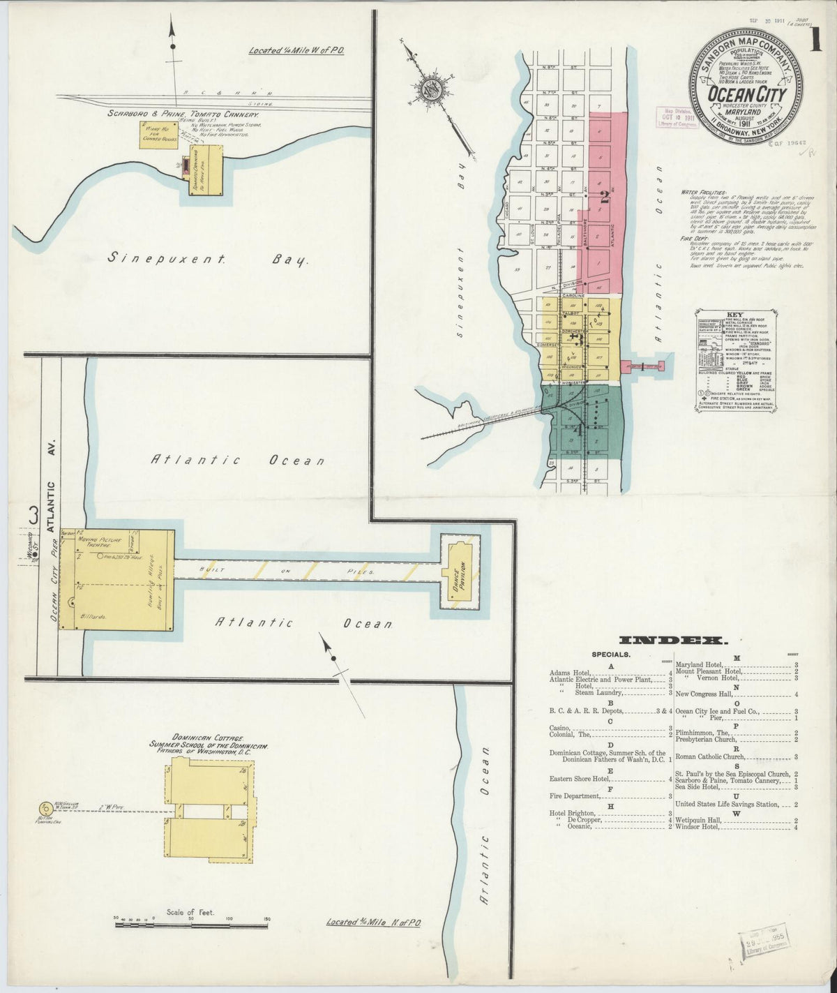 Sanborn Fire Insurance Map from Ocean City, Worcester County, Maryland (1911), Sheet #0001 - Historic Sanborn Fire Insurance Map Print, vintage old map wall art, antique decor, genealogy gift, Maryland Maryland map