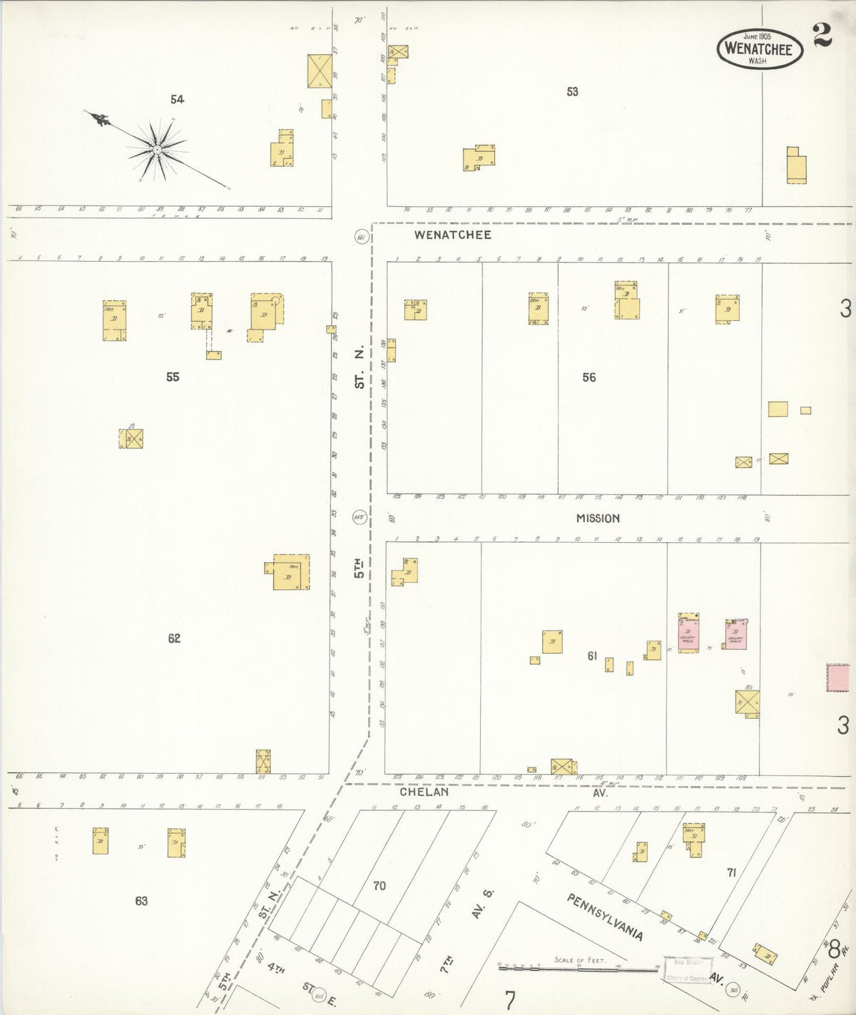 Sanborn Fire Insurance Map from Wenatchee, Chelan County, Washington (1905), Sheet #0002 - Historic Sanborn Fire Insurance Map Print, vintage old map wall art, antique decor, genealogy gift, Washington Washington map