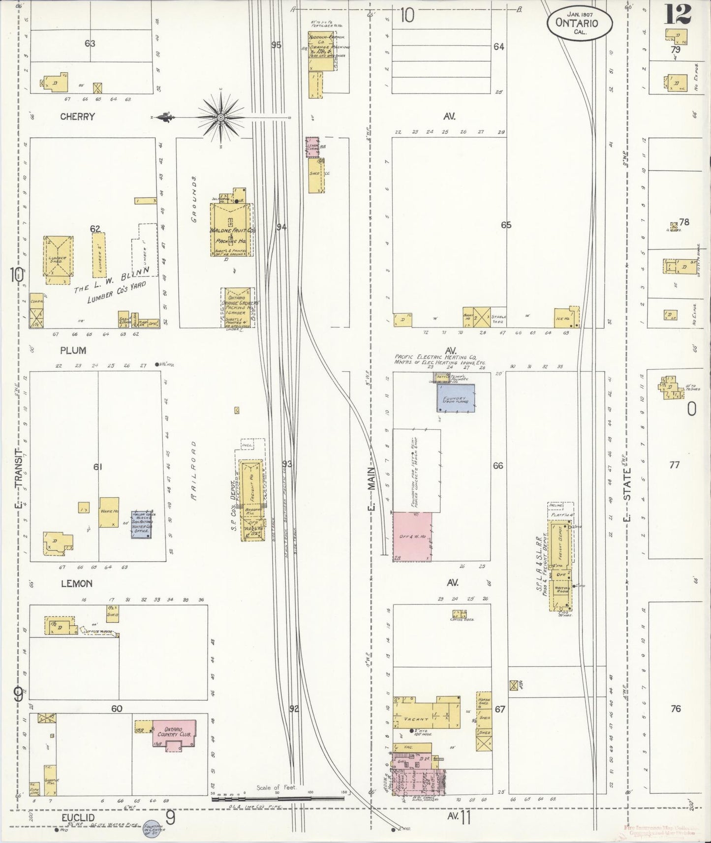 Sanborn Fire Insurance Map from Ontario, San Bernardino County, California (1907), Sheet #0012 - Historic Sanborn Fire Insurance Map Print, vintage old map wall art, antique decor, genealogy gift, California California map