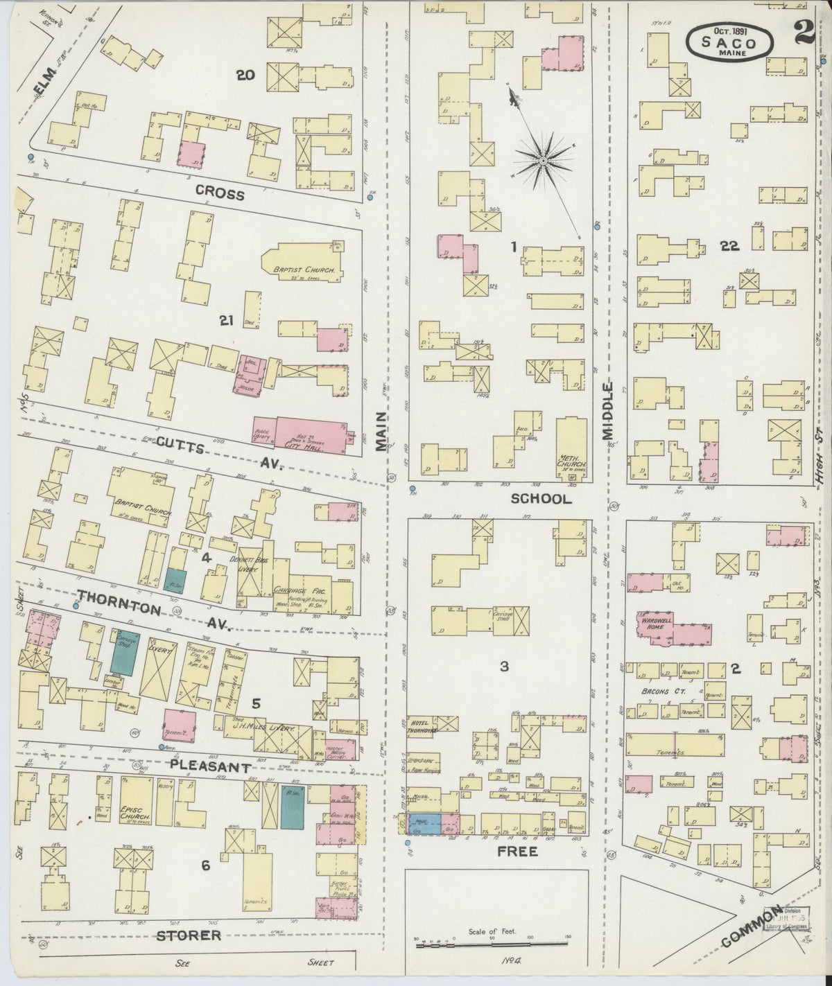 Sanborn Fire Insurance Map from Saco, York County, Maine (1891), Sheet #0002 - Historic Sanborn Fire Insurance Map Print, vintage old map wall art, antique decor, genealogy gift, Maine Maine map