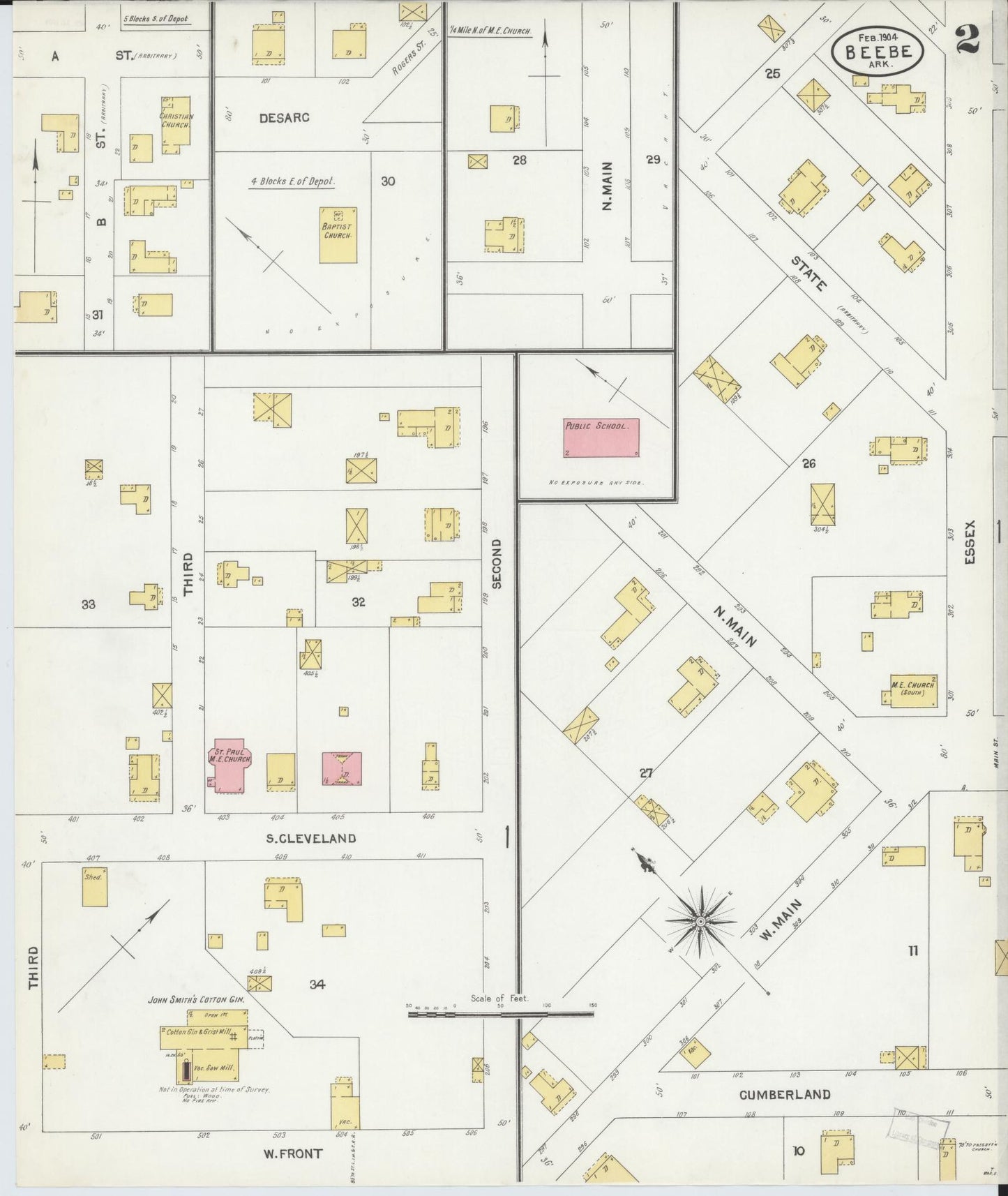 Sanborn Fire Insurance Map from Beebe, White County, Arkansas (1904), Sheet #0002 - Complete Map Set gallery image, historic Sanborn map, vintage wall art, Arkansas Arkansas