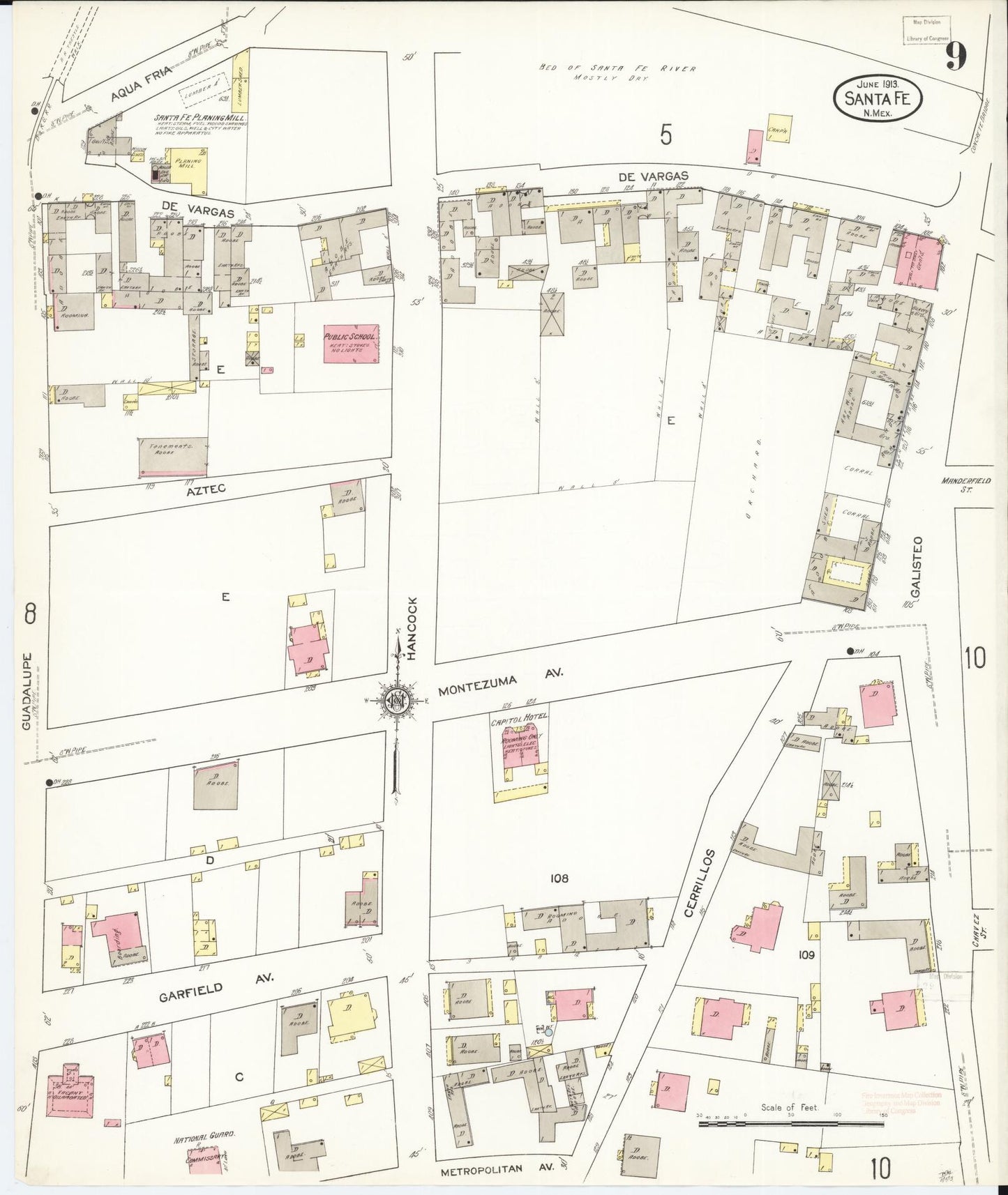 Sanborn Fire Insurance Map from Santa Fe, Santa Fe County, New Mexico (1913), Sheet #0009 - Historic Sanborn Fire Insurance Map Print, vintage old map wall art, antique decor, genealogy gift, New Mexico New Mexico map