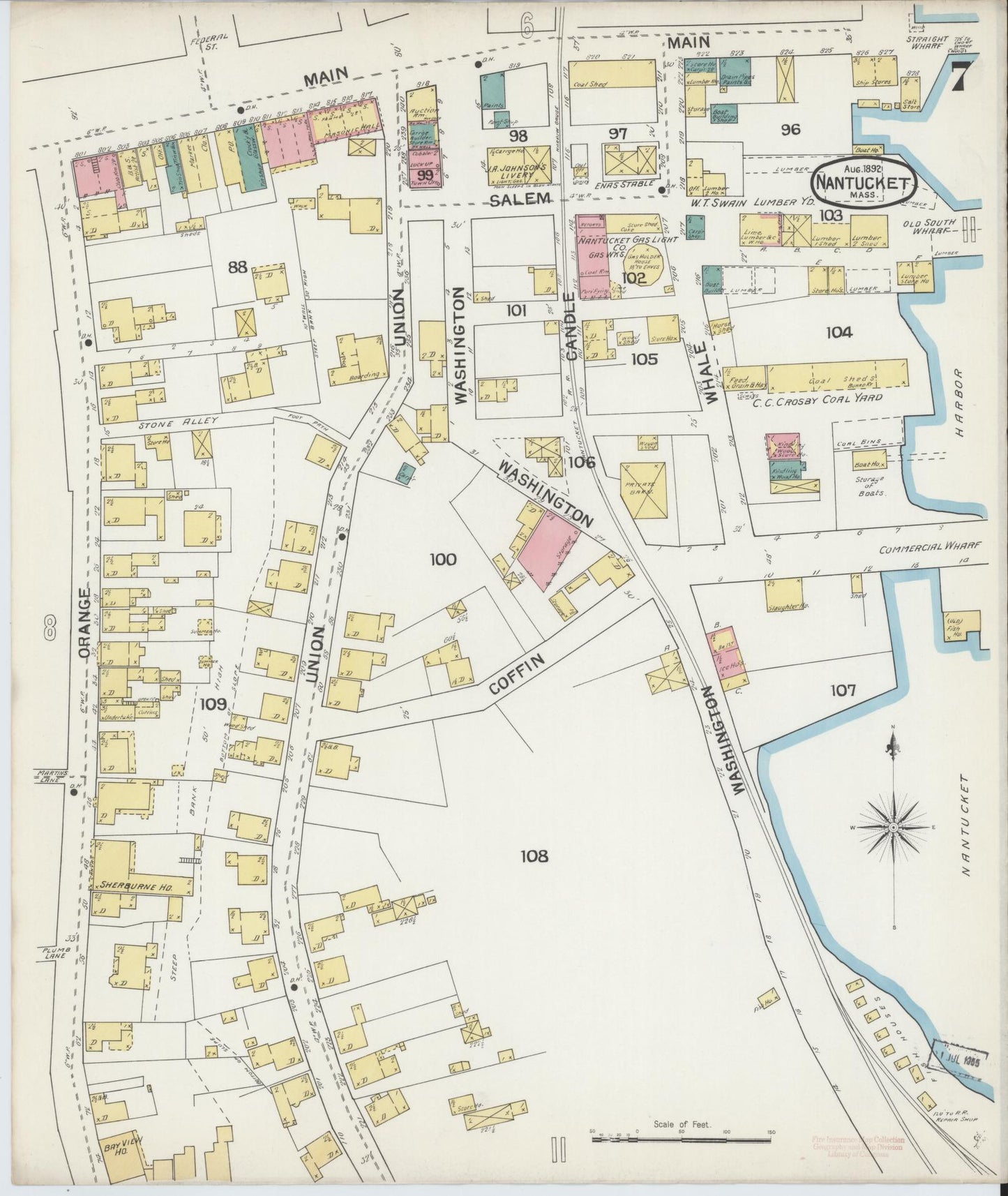 Sanborn Fire Insurance Map from Nantucket, Nantucket County, Massachusetts (1892), Sheet #0007 - Historic Sanborn Fire Insurance Map Print, vintage old map wall art, antique decor, genealogy gift, Massachusetts Massachusetts map