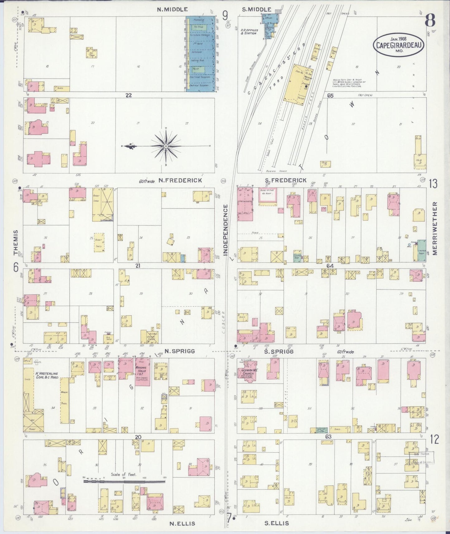 Sanborn Fire Insurance Map from Cape Girardeau, Cape Girardeau County, Missouri (1908), Sheet #0008 - Historic Sanborn Fire Insurance Map Print, vintage old map wall art, antique decor, genealogy gift, Missouri Missouri map