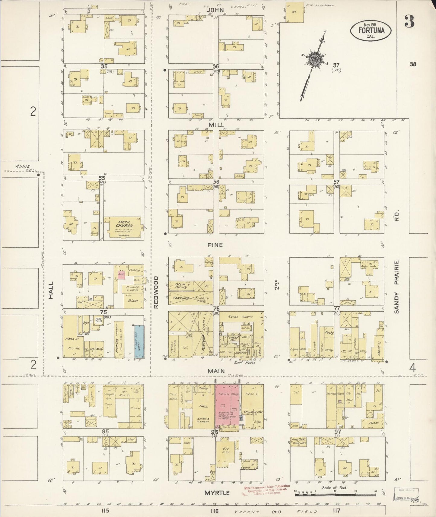 Sanborn Fire Insurance Map from Fortuna, Humboldt County, California (1911), Sheet #0003 - Historic Sanborn Fire Insurance Map Print, vintage old map wall art, antique decor, genealogy gift, California California map