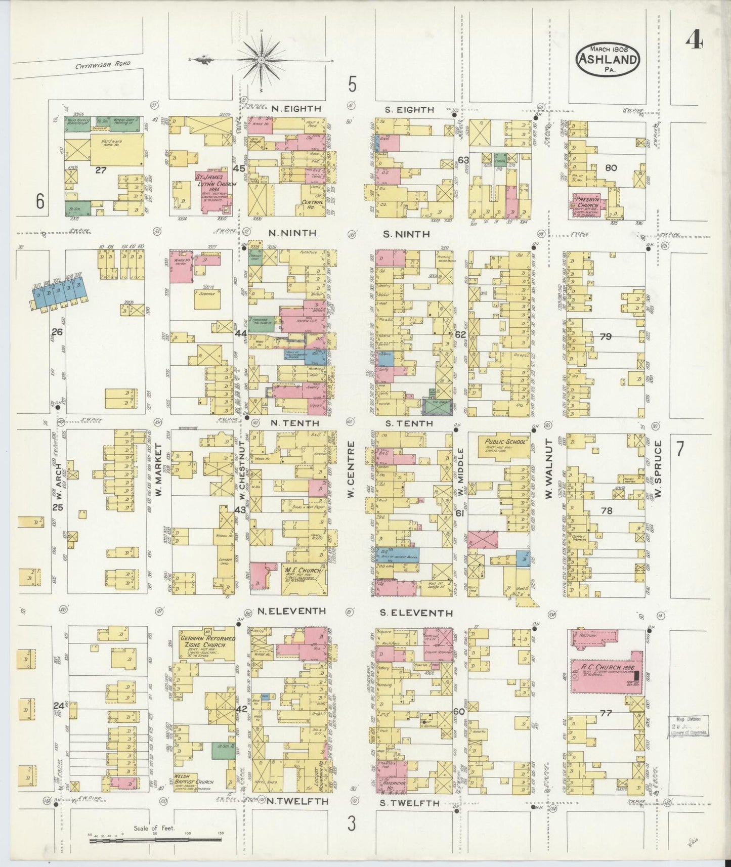 Sanborn Fire Insurance Map from Ashland, Schuylkill County, Pennsylvania (1908), Sheet #0004 - Historic Sanborn Fire Insurance Map Print, vintage old map wall art, antique decor, genealogy gift, Pennsylvania Pennsylvania map