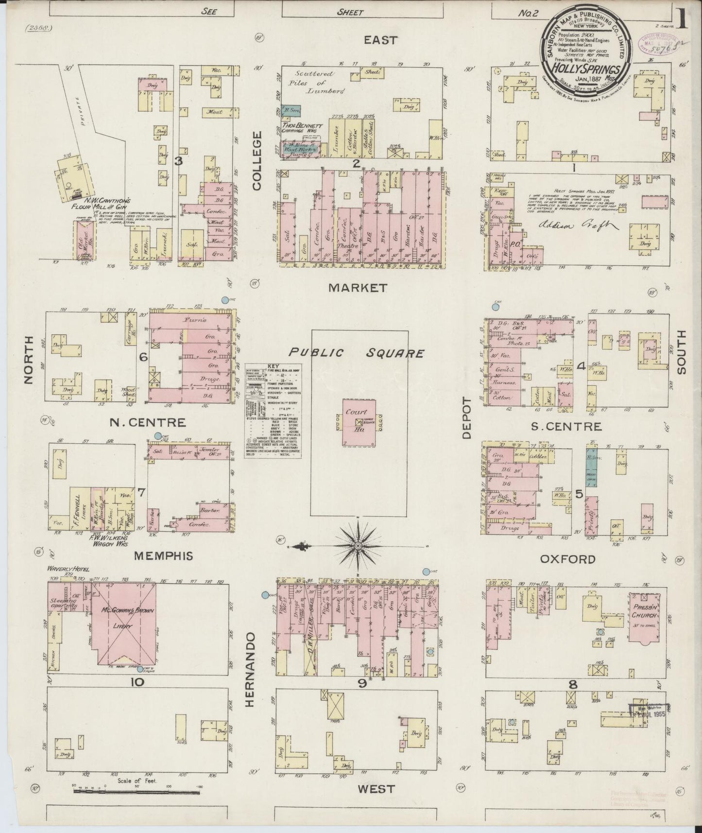Sanborn Fire Insurance Map from Holly Springs, Marshall County, Mississippi (1887), Sheet #0001 - Historic Sanborn Fire Insurance Map Print, vintage old map wall art, antique decor, genealogy gift, Mississippi Mississippi map