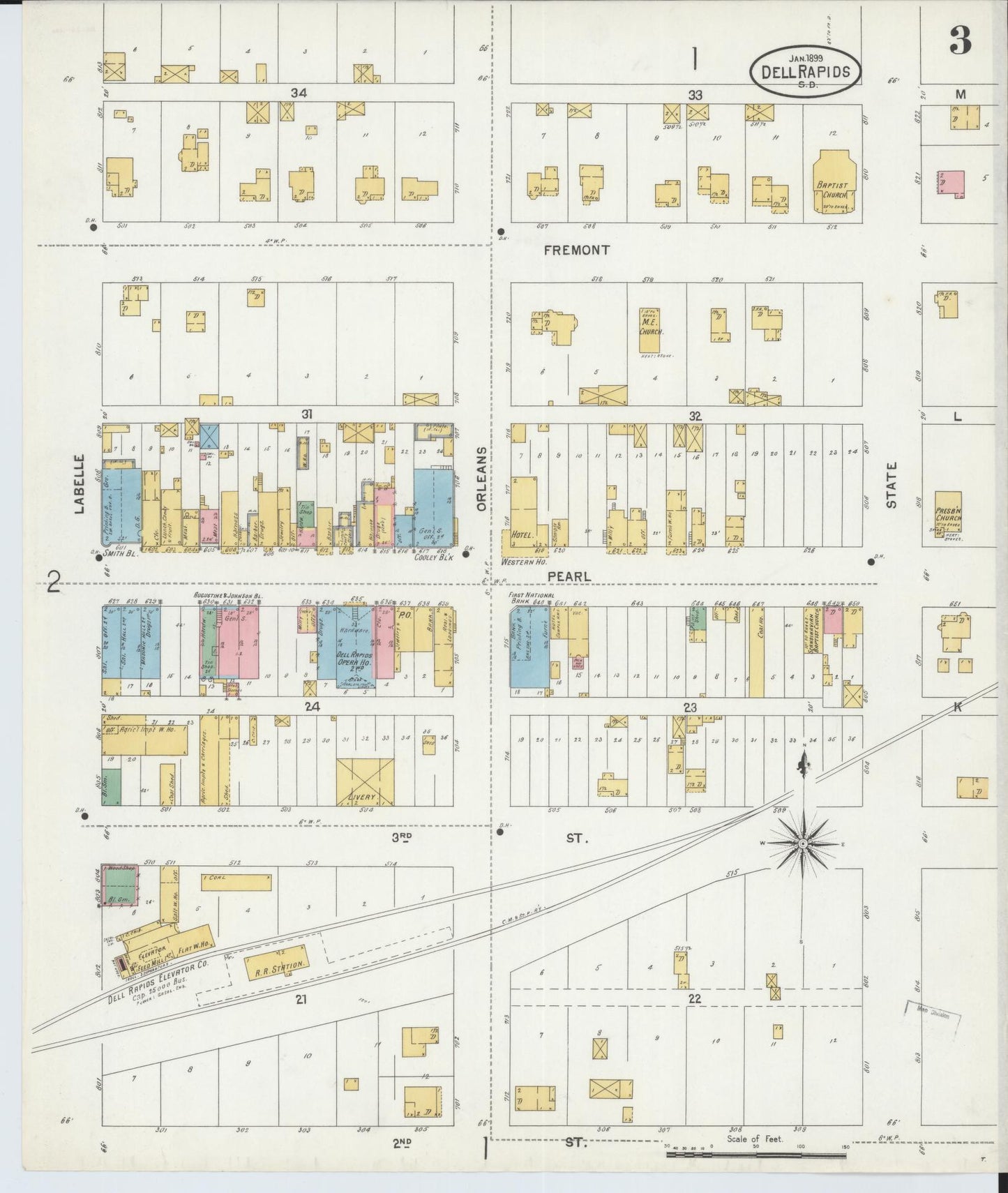 Sanborn Fire Insurance Map from Dell Rapids, Minnehaha County, South Dakota (1899), Sheet #0003 - Complete Map Set gallery image, historic Sanborn map, vintage wall art, South Dakota South Dakota