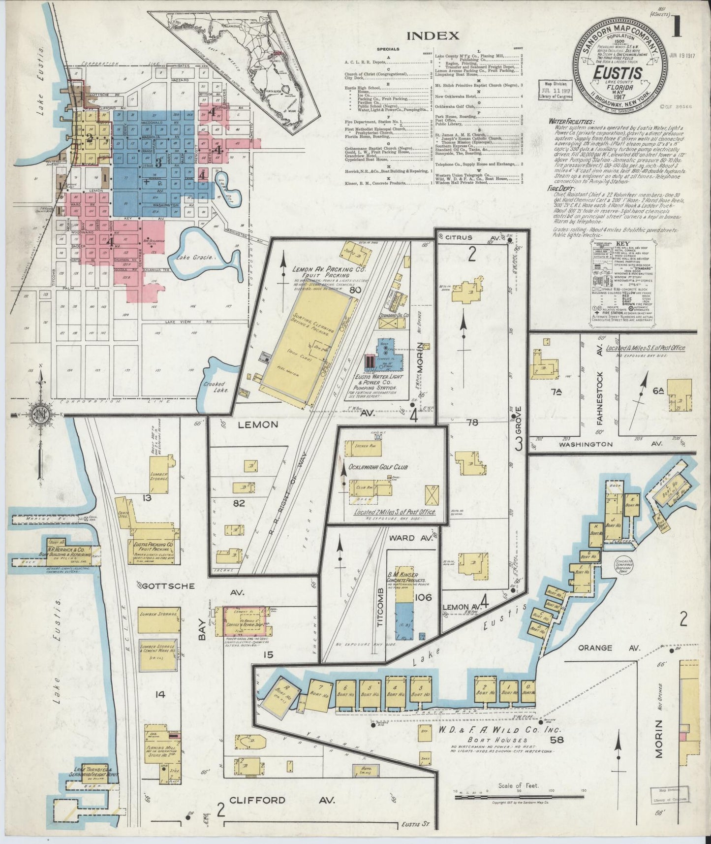 Sanborn Fire Insurance Map from Eustis, Lake County, Florida (1917), Sheet #0001 - Historic Sanborn Fire Insurance Map Print, vintage old map wall art, antique decor, genealogy gift, Florida Florida map