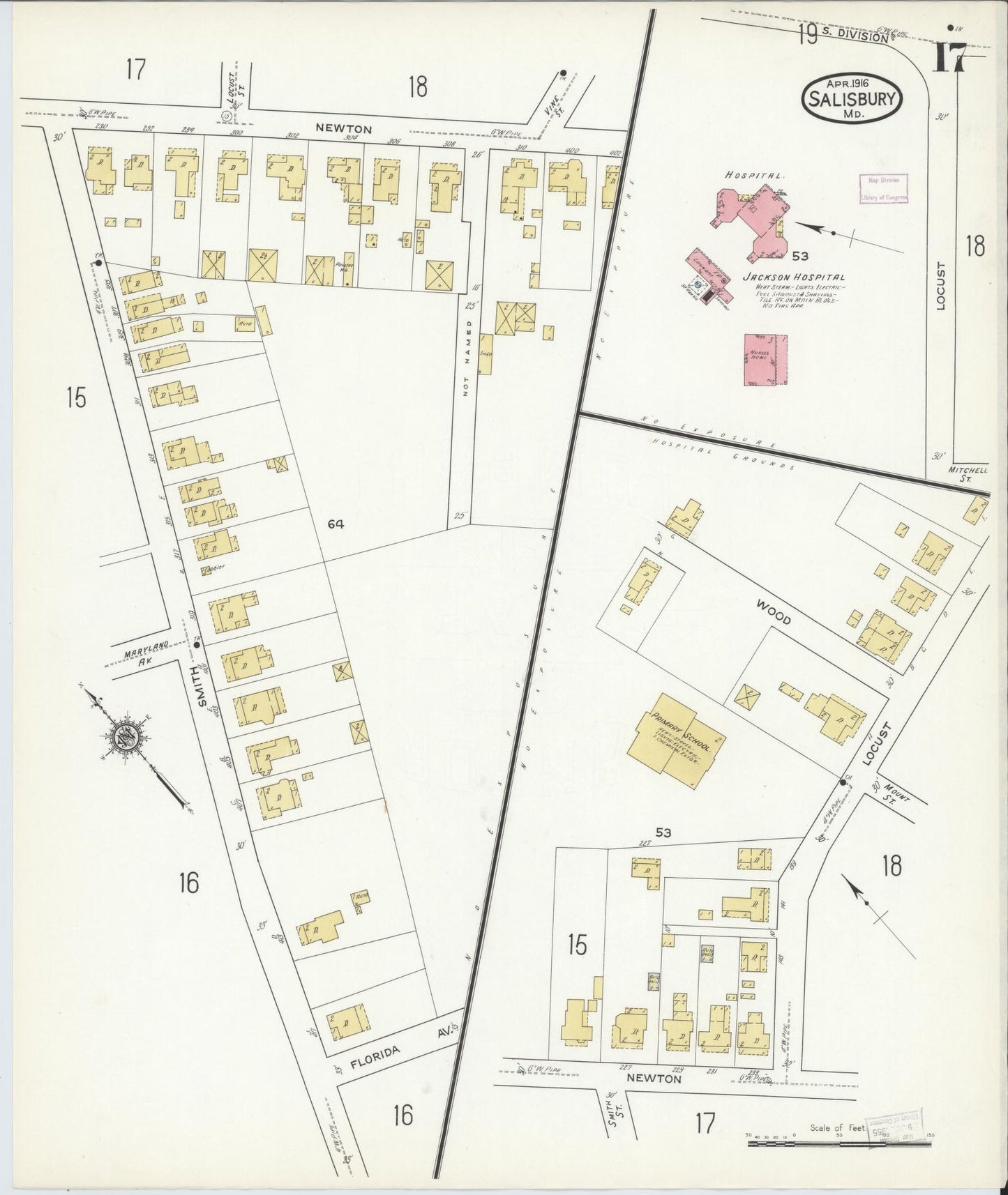 Sanborn Fire Insurance Map from Salisbury, Wicomico County, Maryland (1916), Sheet #0017 - Historic Sanborn Fire Insurance Map Print, vintage old map wall art