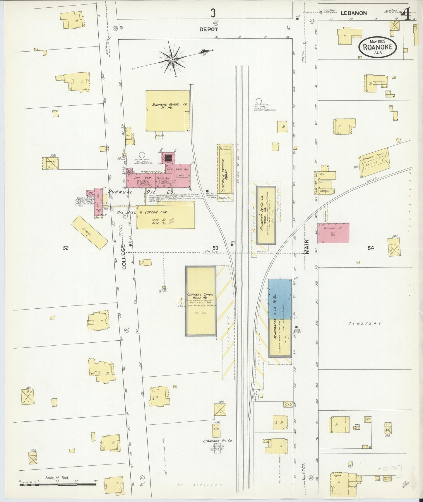 Sanborn Fire Insurance Map from Roanoke, Randolph County, Alabama (1909), Sheet #0004 - Historic Sanborn Fire Insurance Map Print, vintage old map wall art, antique decor, genealogy gift, Alabama Alabama map